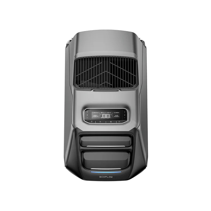 Eine silber-schwarze tragbare Powerstation. Es hat ein Display mit Zahlen und eine Lüftung oben. Das Logo 'ECOFLOW' ist unten.
