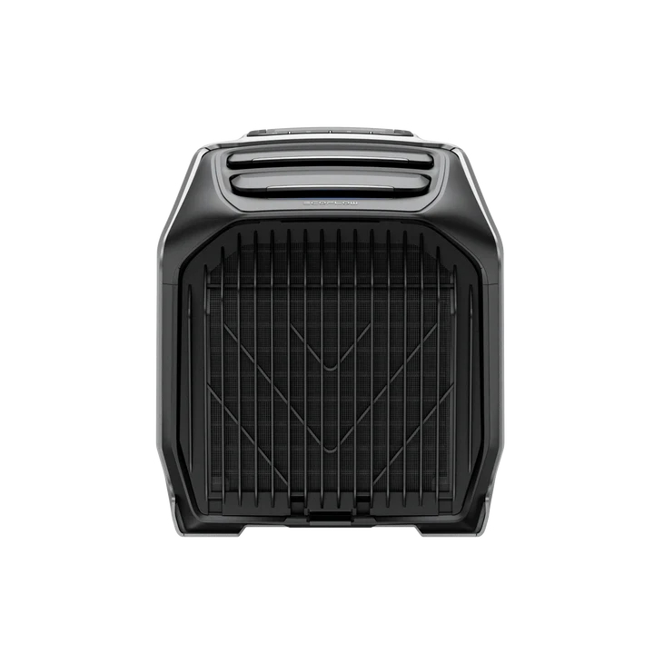 Eine tragbare Powerstation in Schwarz und Silber. Sie hat einen Frontgrill, einen oberen Griff und ein Display. Isoliert auf weißem Hintergrund.