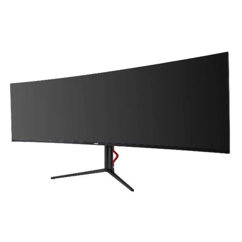 Un monitor negro curvo grande con un soporte negro. Acentos rojos en el soporte, fondo blanco. La pantalla está apagada.