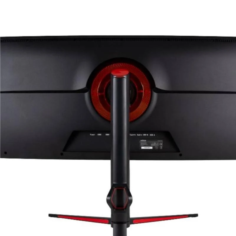 Parte trasera de un monitor de computadora negro con detalles en rojo. El soporte es negro y rojo. El monitor tiene un diseño circular rojo.