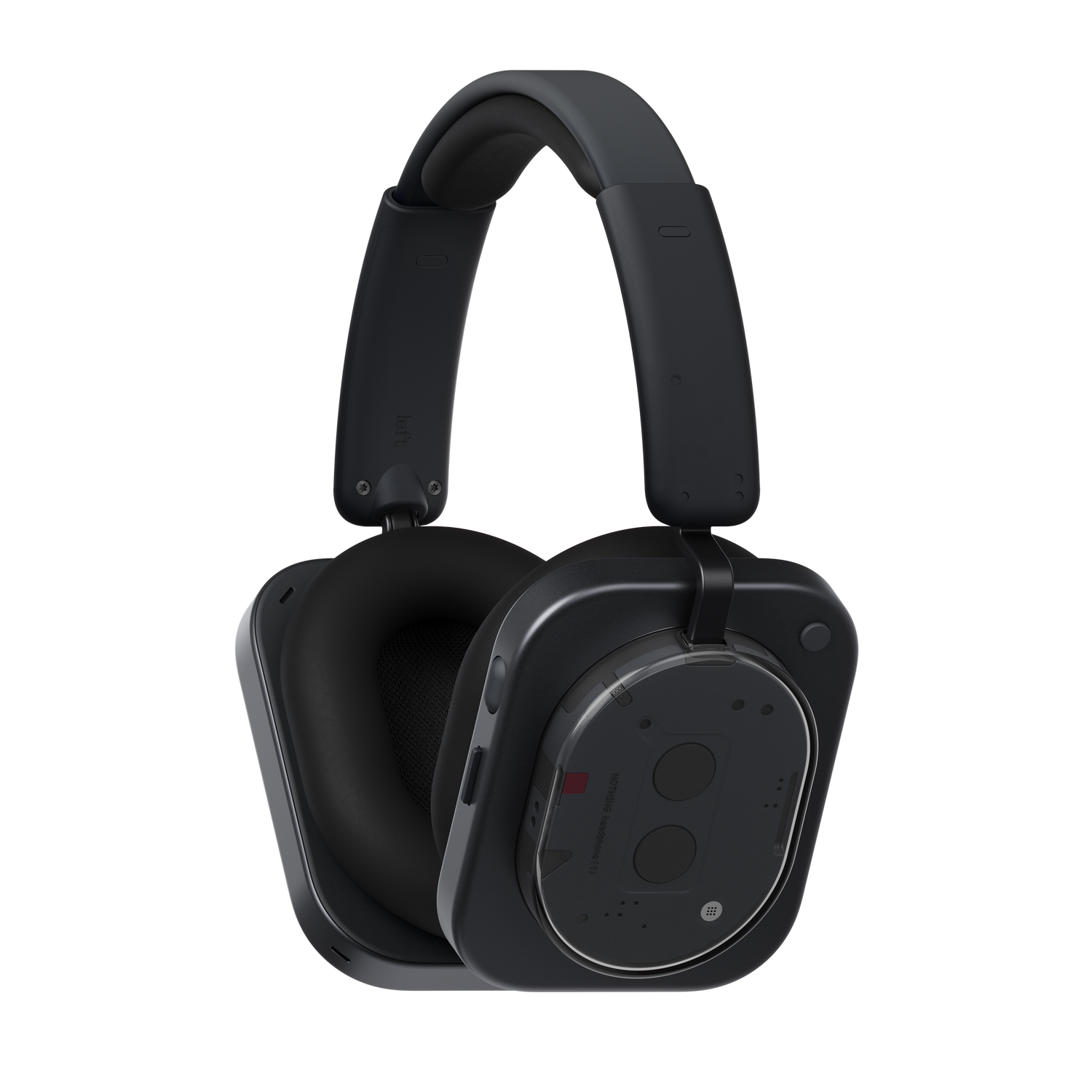 Auriculares negros con fondo gris. Los auriculares tienen una cubierta de plástico transparente en la orejera derecha.