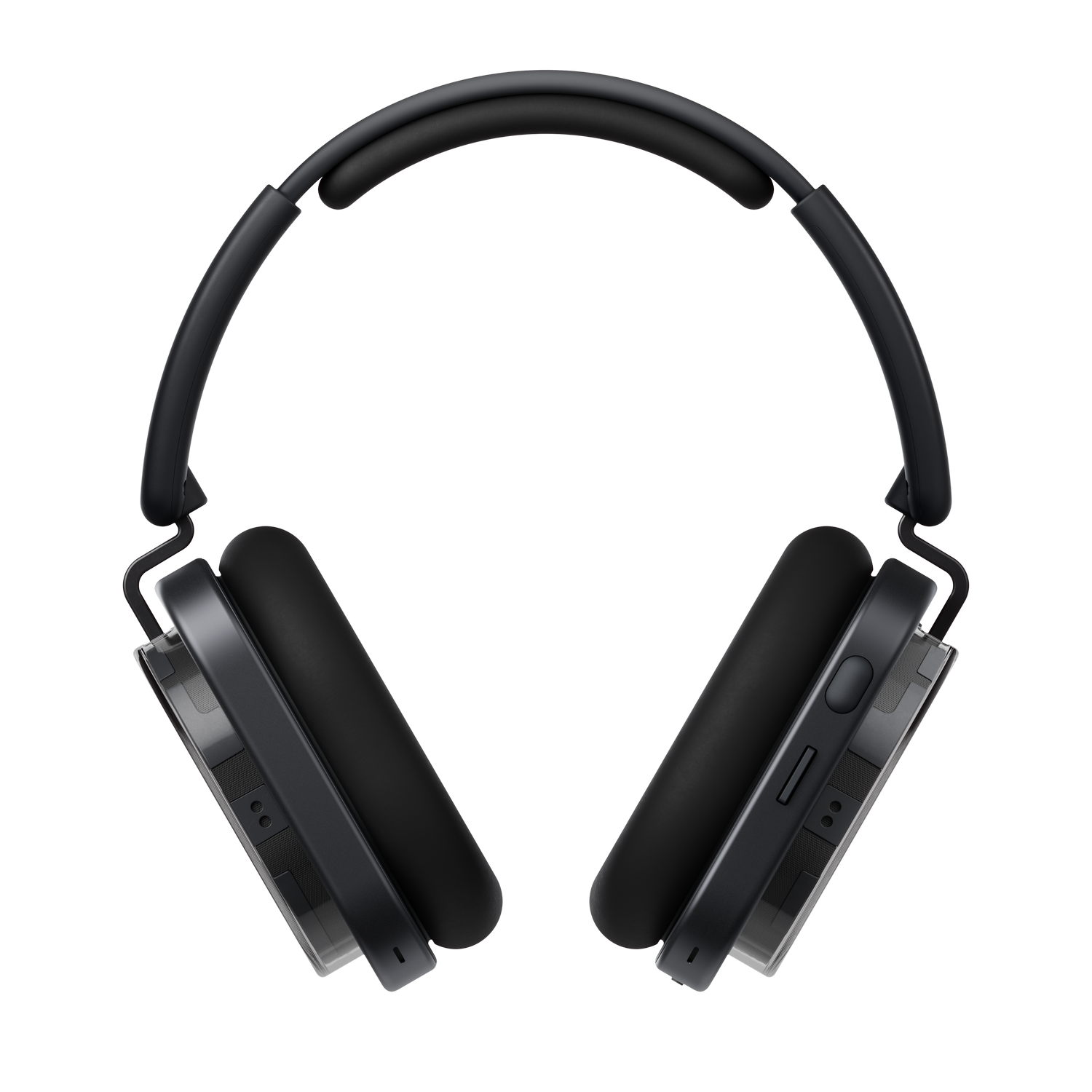 Auriculares negros supraaurales con marco plateado sobre fondo gris. Los auriculares son simétricos, con almohadillas y diadema visibles.