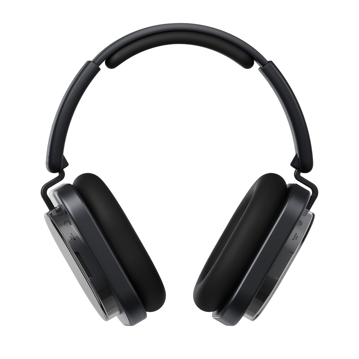 Auriculares negros con detalles plateados sobre fondo gris. Los auriculares de diadema están inclinados hacia el espectador.