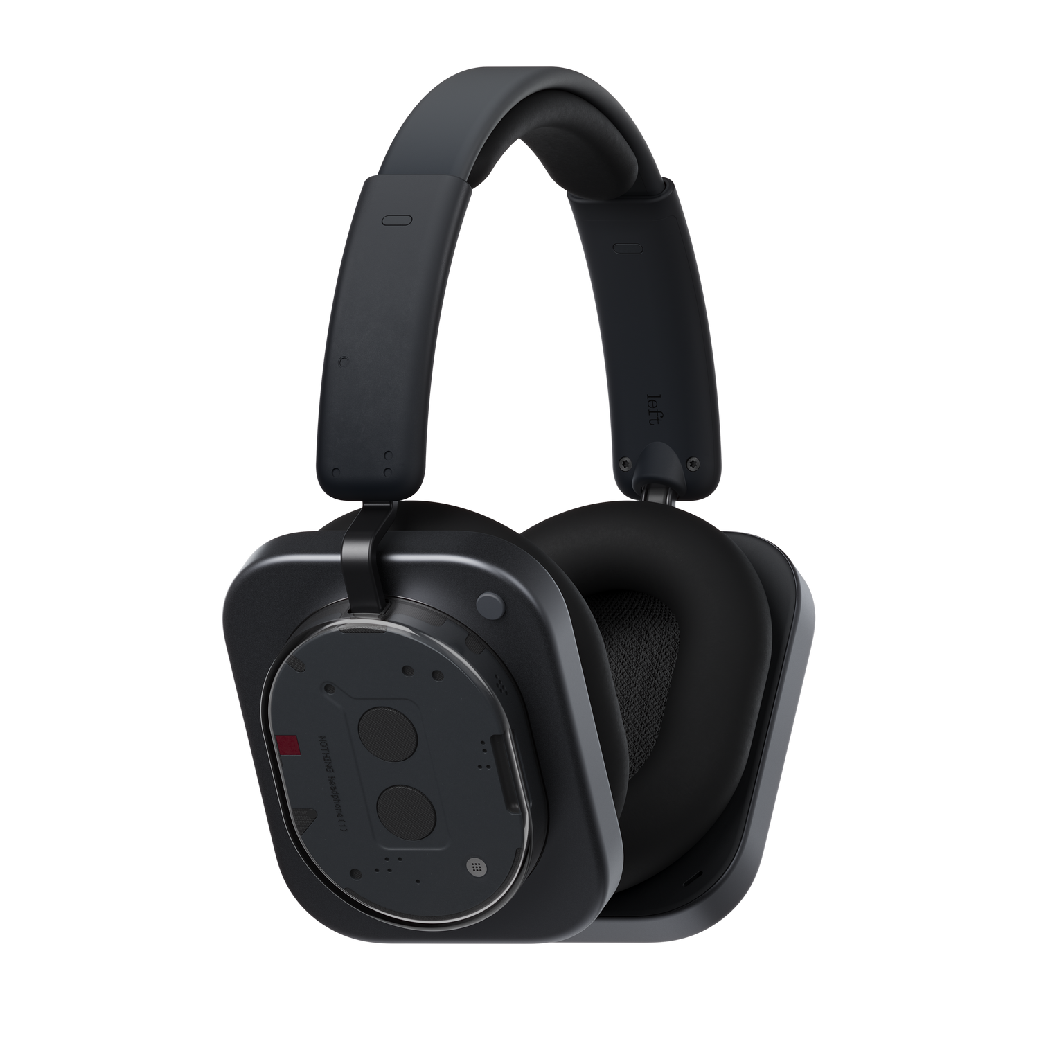 Auriculares negros sobre fondo gris. Los auriculares tienen una diadema y almohadillas acolchadas. El auricular izquierdo tiene la palabra "left".