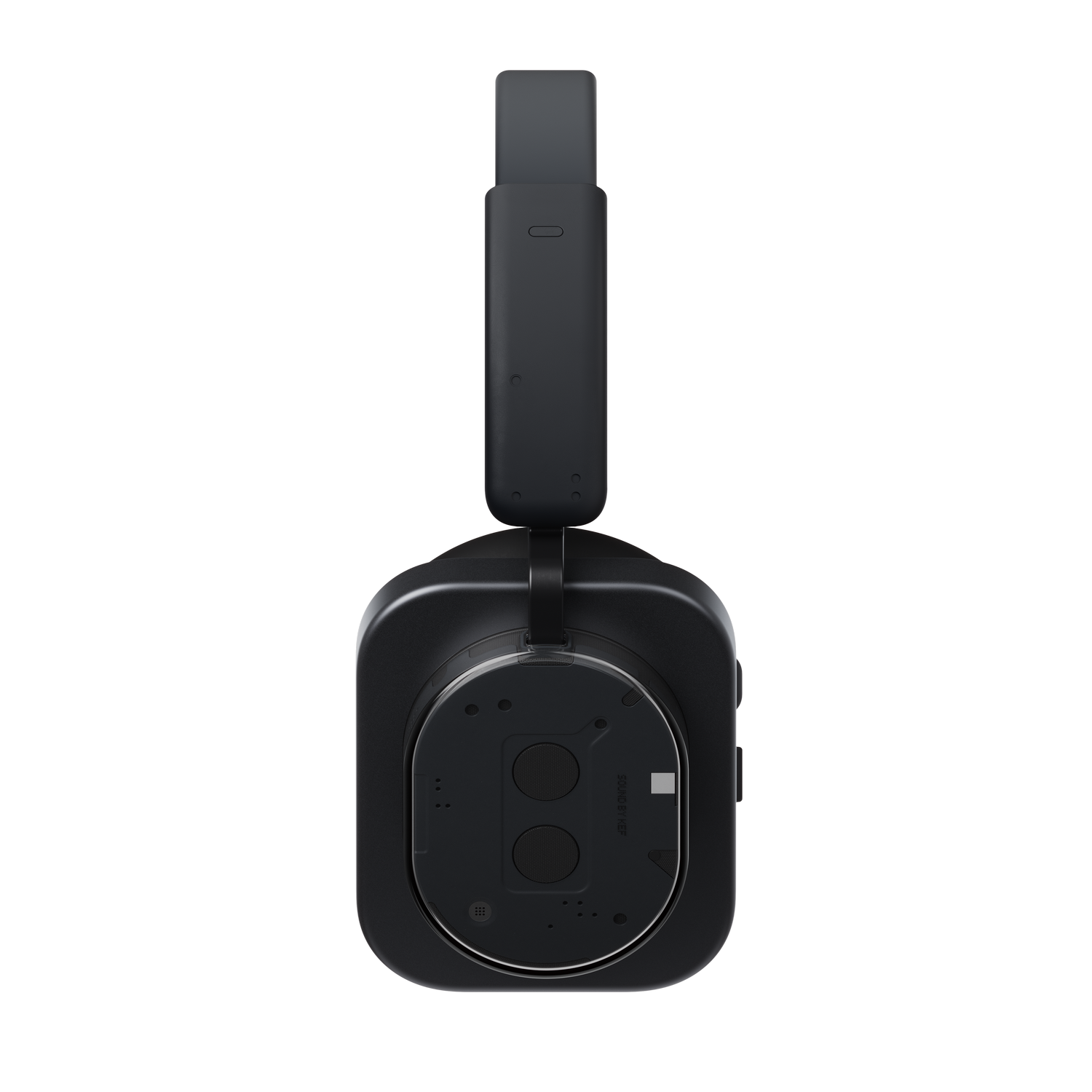 Auriculares negros con una copa rectangular y diadema. El fondo es gris sólido.