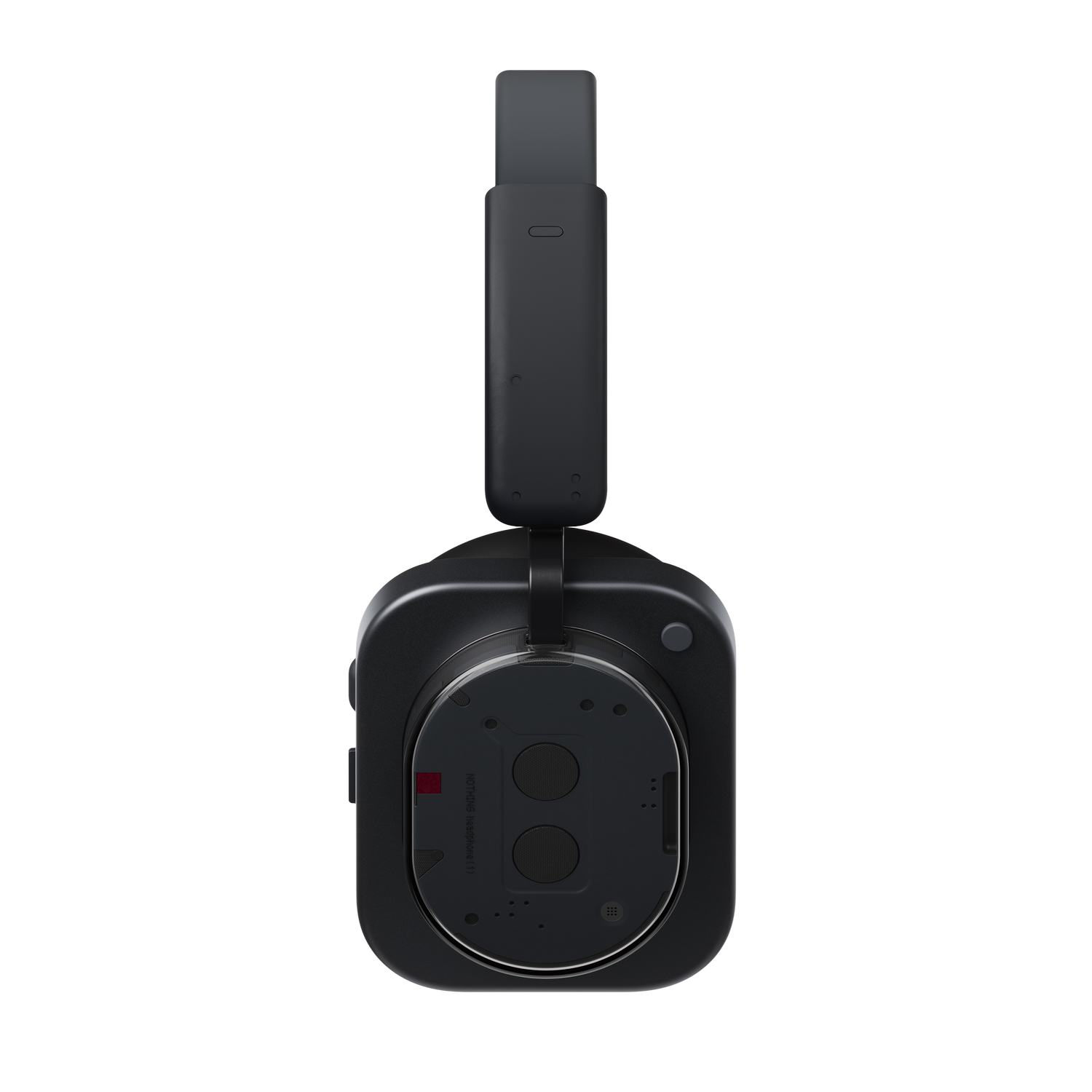 Auriculares negros sobre fondo gris. Los auriculares están centrados, mostrando las orejeras y la diadema. Se ve la marca Nothing.