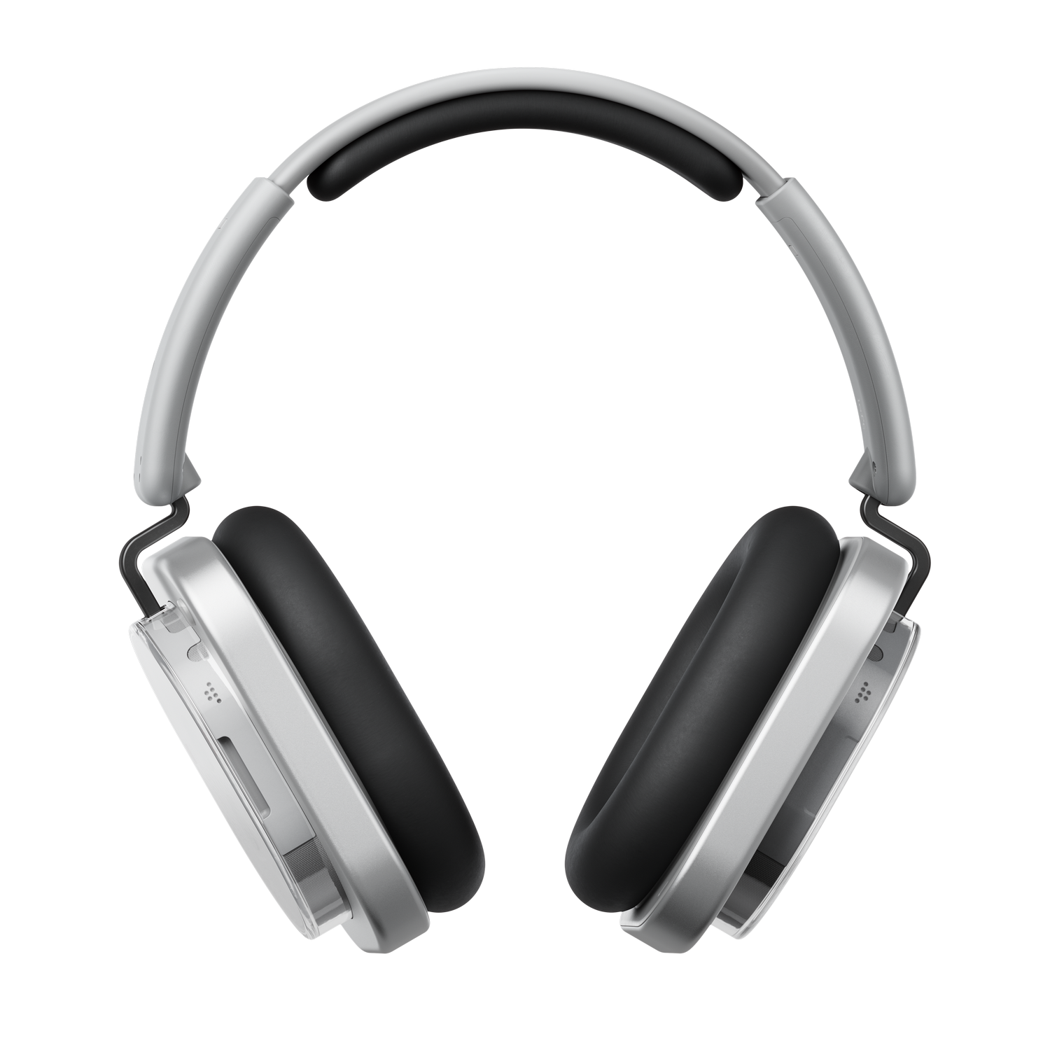 Auriculares plateados y negros sobre fondo gris. Los auriculares son de tipo circumaural. Los auriculares son negros, la diadema es plateada.