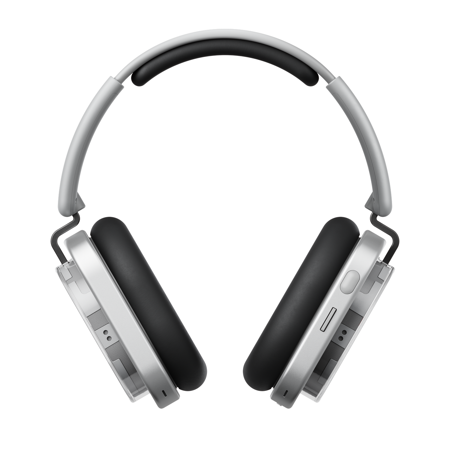Auriculares supraaurales con diadema blanca, auriculares negros y piezas plateadas. Fondo gris.