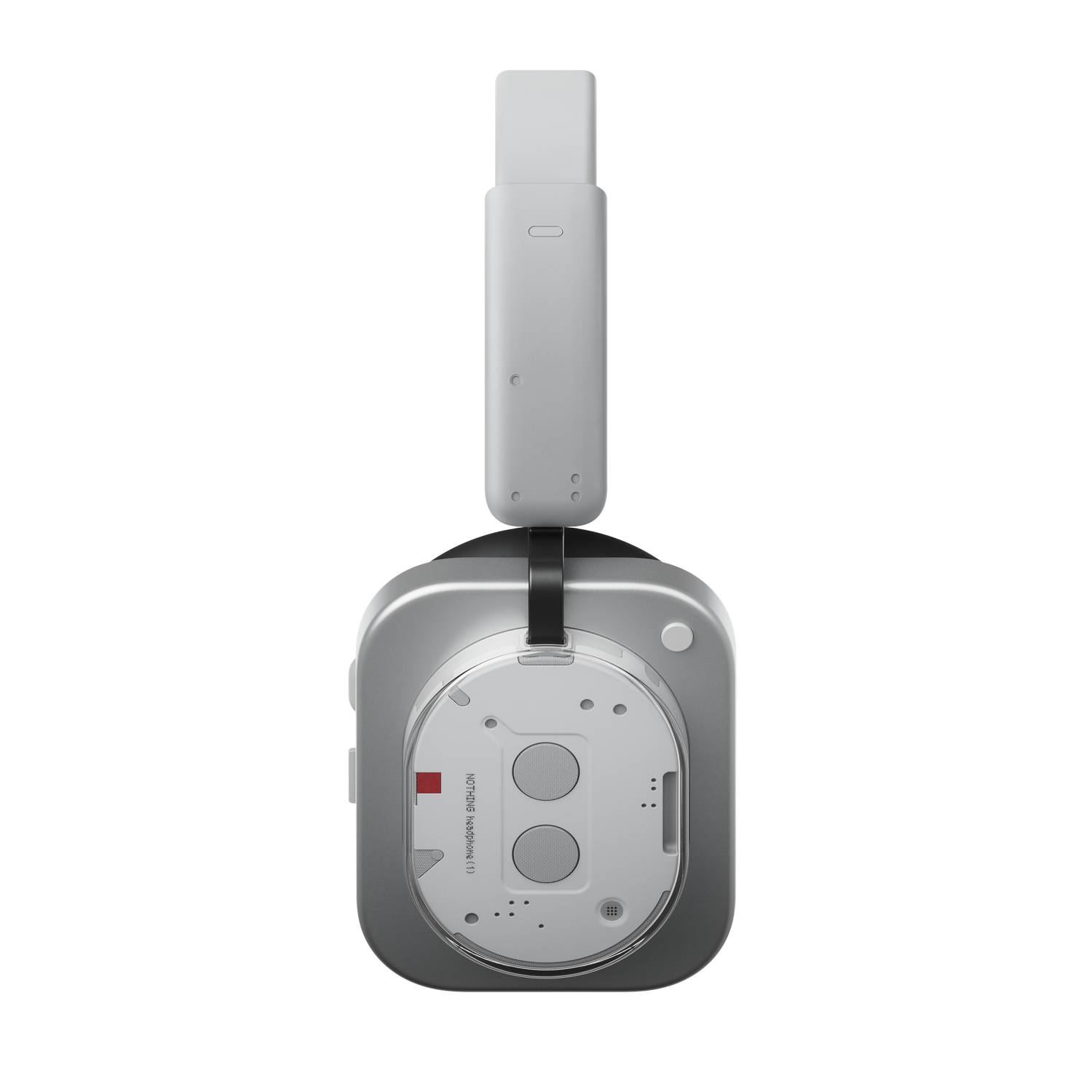 Auriculares Nothing blancos y plateados sobre fondo gris. Tienen un tallo blanco y auriculares circulares con dos círculos.