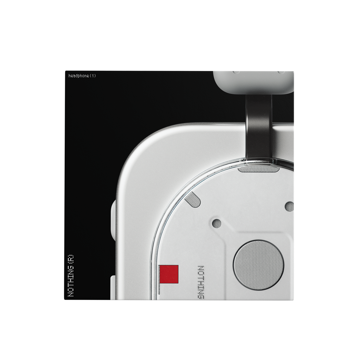 Primer plano de un auricular Nothing blanco. El auricular está sobre un fondo negro. Un cuadrado rojo es visible. La palabra NOTHING está impresa.