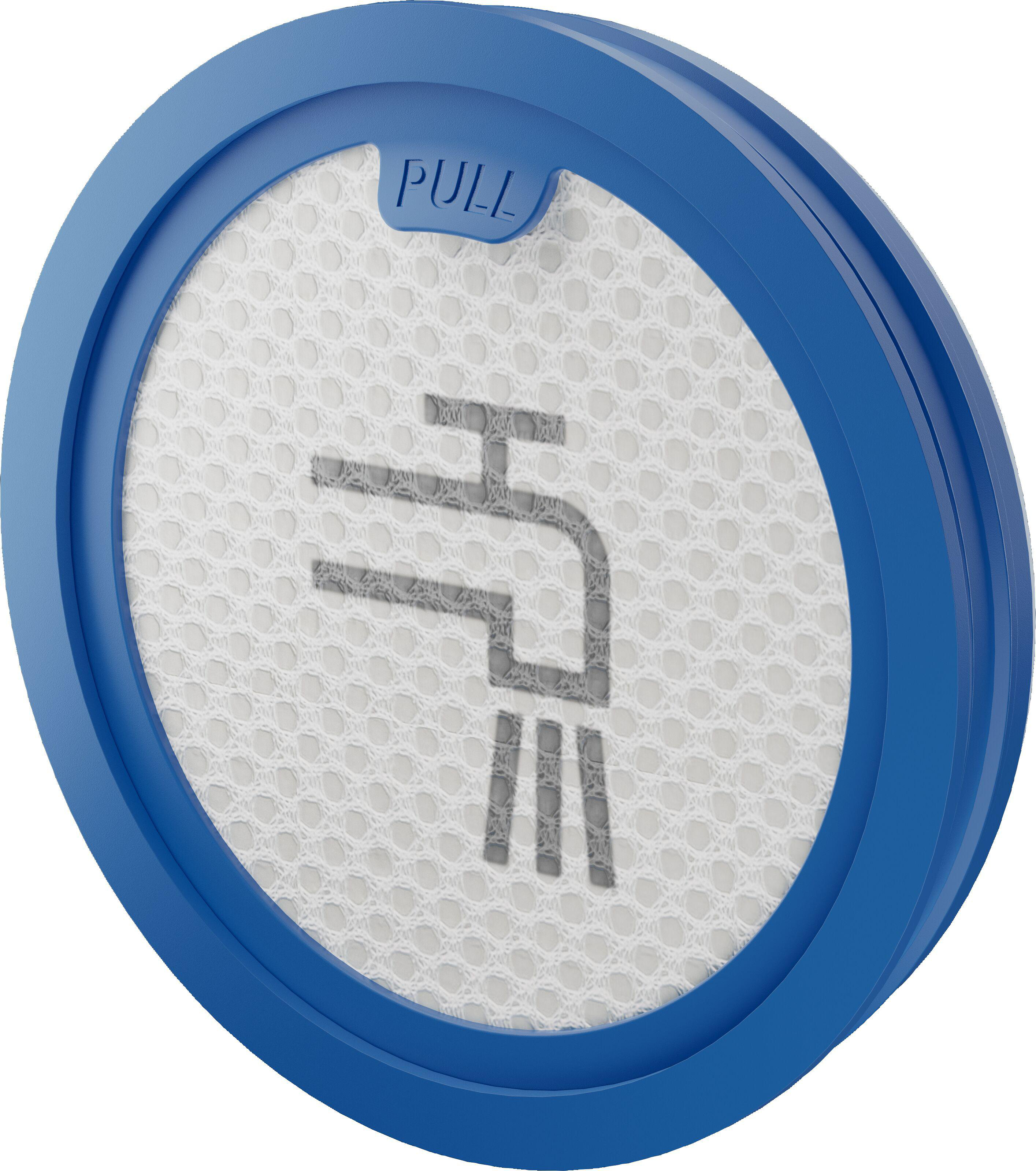 Ein blauer kreisförmiger Filter mit weißem Netzmittelpunkt. Es hat ein graues Symbol und das Wort 'PULL'.