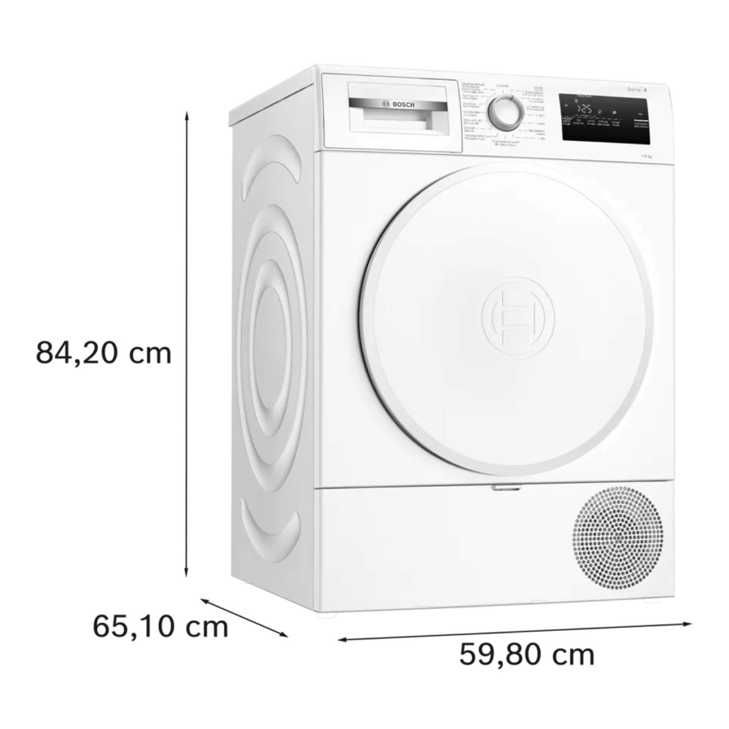 Un sèche-linge Bosch blanc. Dimensions: 84,20cm de haut, 65,10cm de large et 59,80cm de profondeur. Porte ronde et panneau de contrôle.