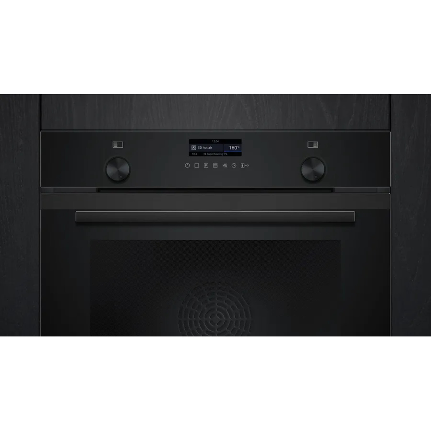 A black oven is shown. It has a display showing 160 degrees. Two knobs are on the top. The oven door is closed.