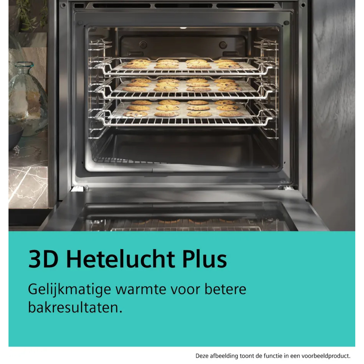 An oven with three racks of cookies baking. The oven door is open. Text reads: 3D Hetelucht Plus.