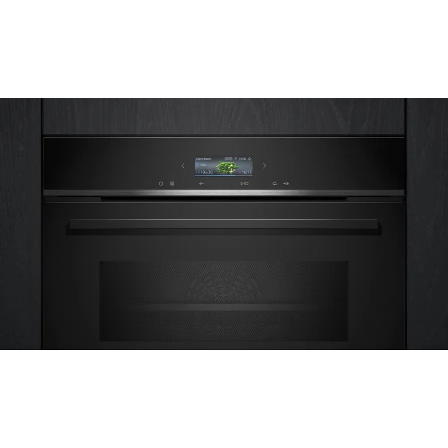 Black built-in oven with a digital display. The display shows green beans cooking information. The oven door is closed.
