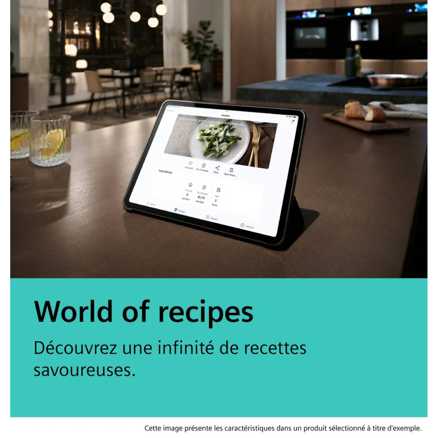 Tablette sur surface en bois affiche une recette. Arrière-plan: cuisine et texte 'World of recipes'.