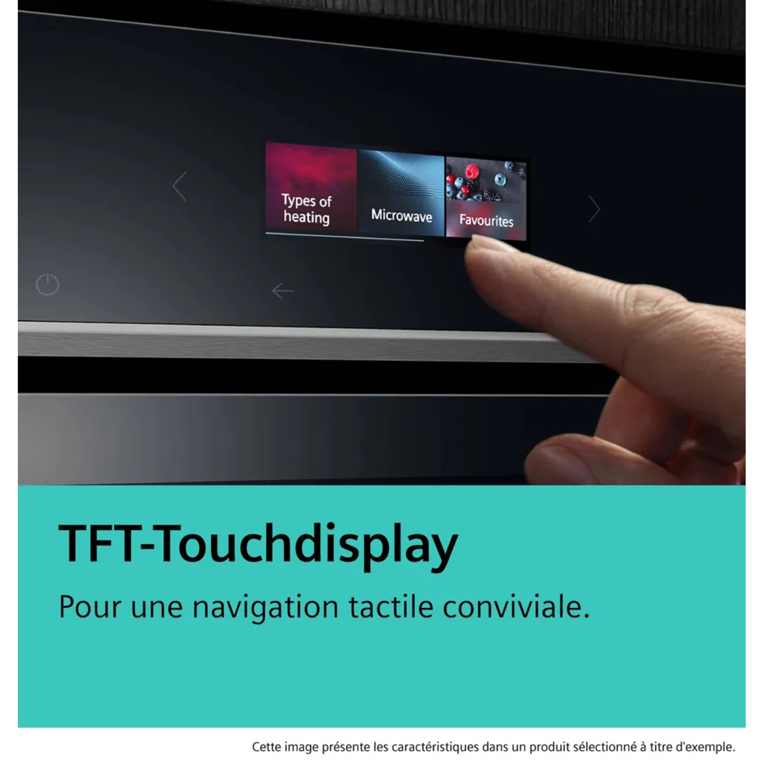 Une main touche un écran affichant 'Types de chauffage', 'Micro-ondes' et 'Favoris'. L'écran est sur un appareil sombre.