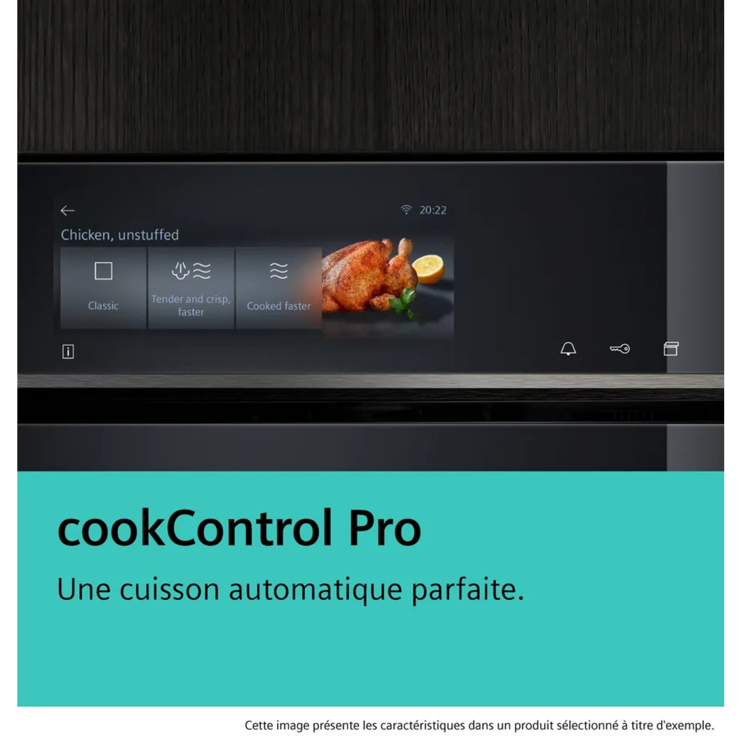 Interface du four affichant les options 'Poulet, non farci'. Un poulet rôti au citron est affiché. Le texte indique 'cookControl Pro'.