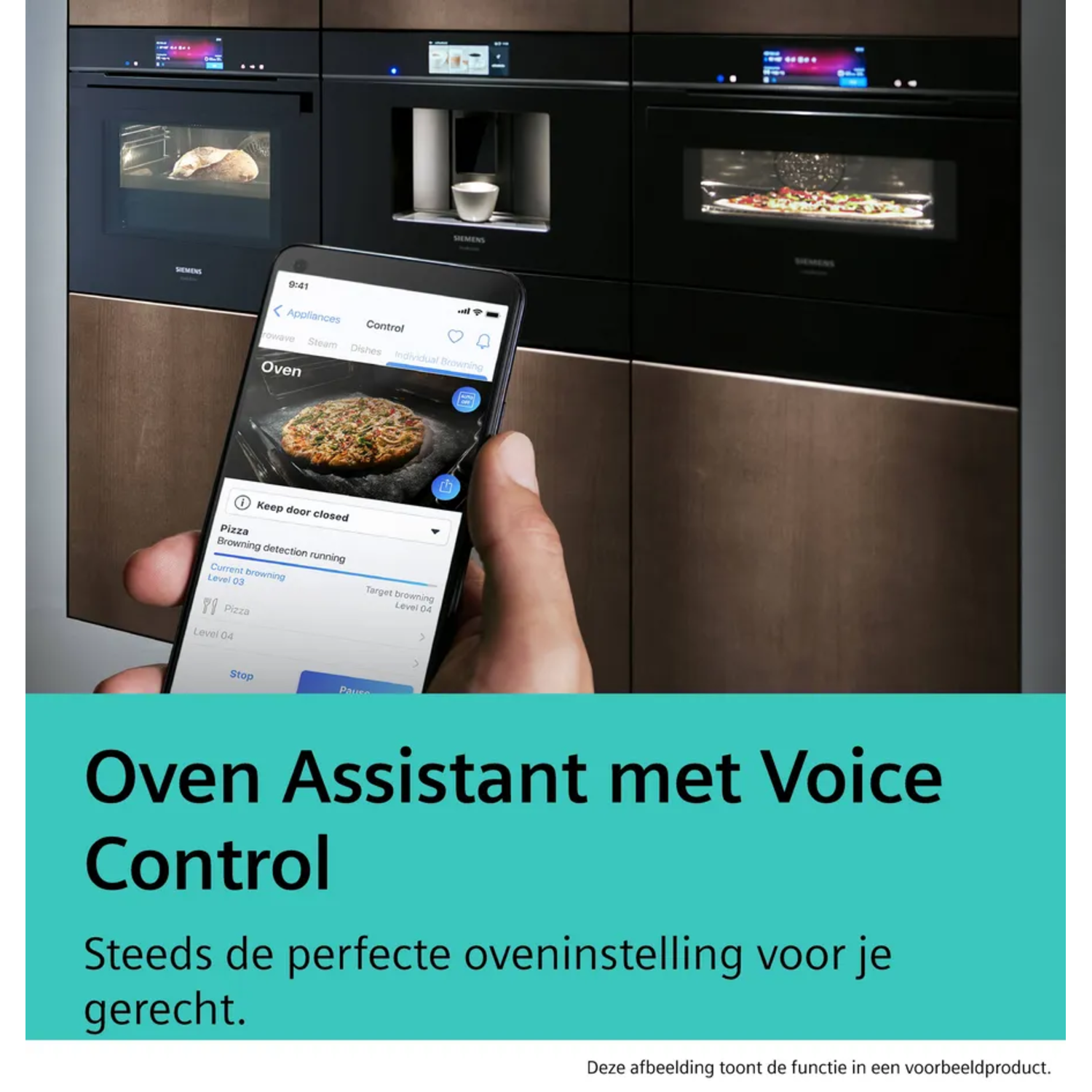 A hand holding a smartphone showing an oven control app. Ovens are in the background with food cooking inside. Text reads: Oven Assistant.
