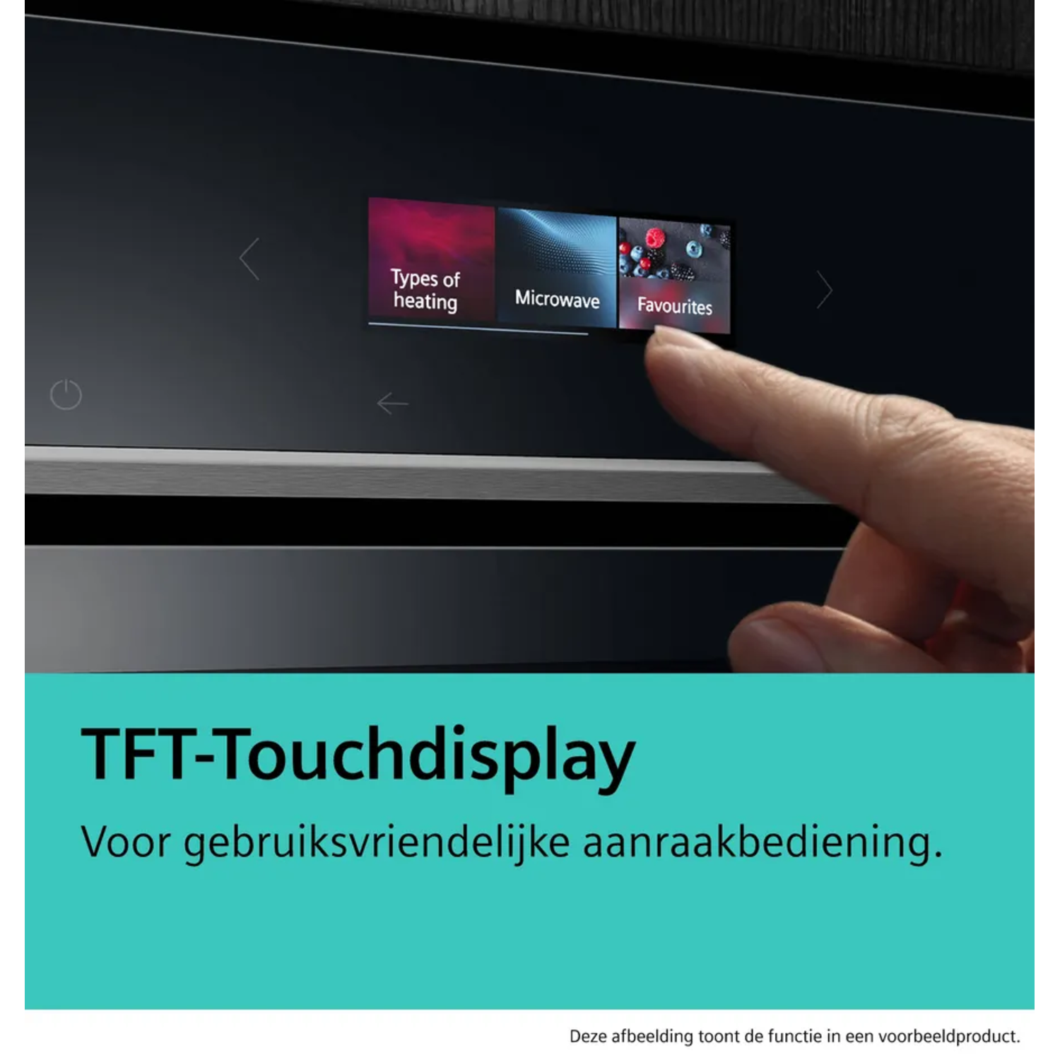 A finger touches the 'Favourites' option on a touch display. The screen shows heating types, microwave, and favourites.