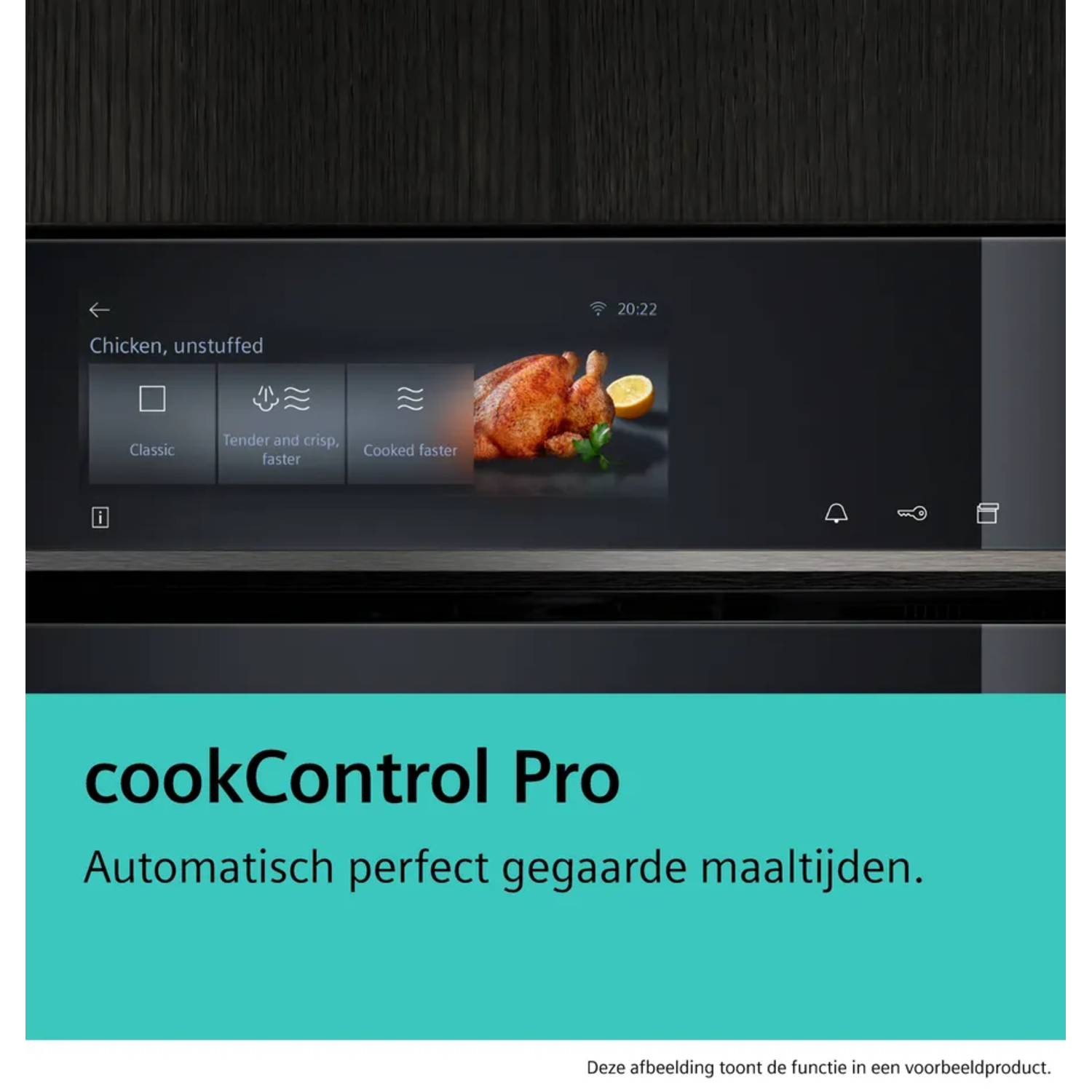 Oven display shows chicken cooking options. Below, "cookControl Pro" is displayed with Dutch text and a disclaimer at the bottom.