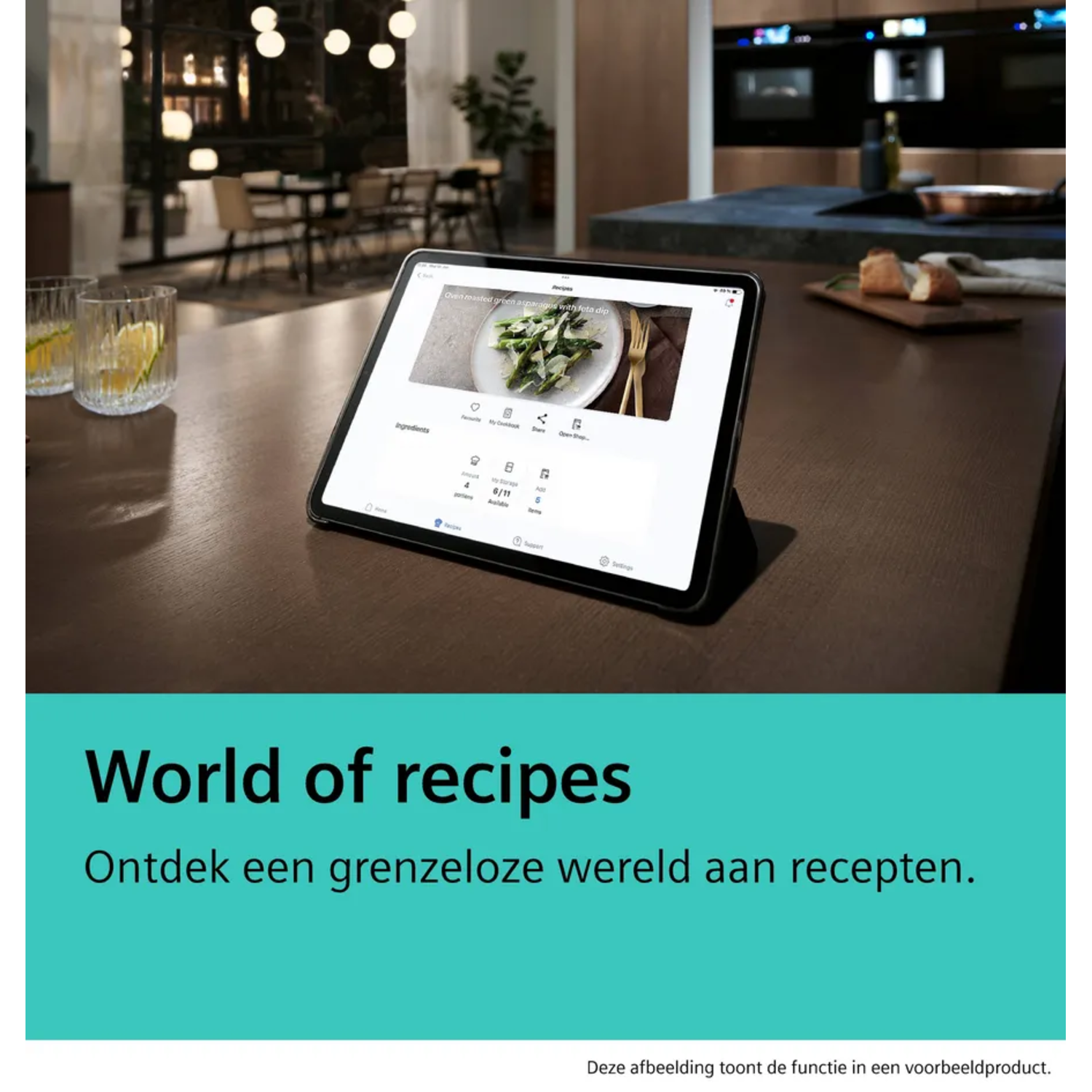 Tablet on a wooden surface displays a recipe with asparagus. Glasses with drinks, a cutting board, and kitchen in the background.