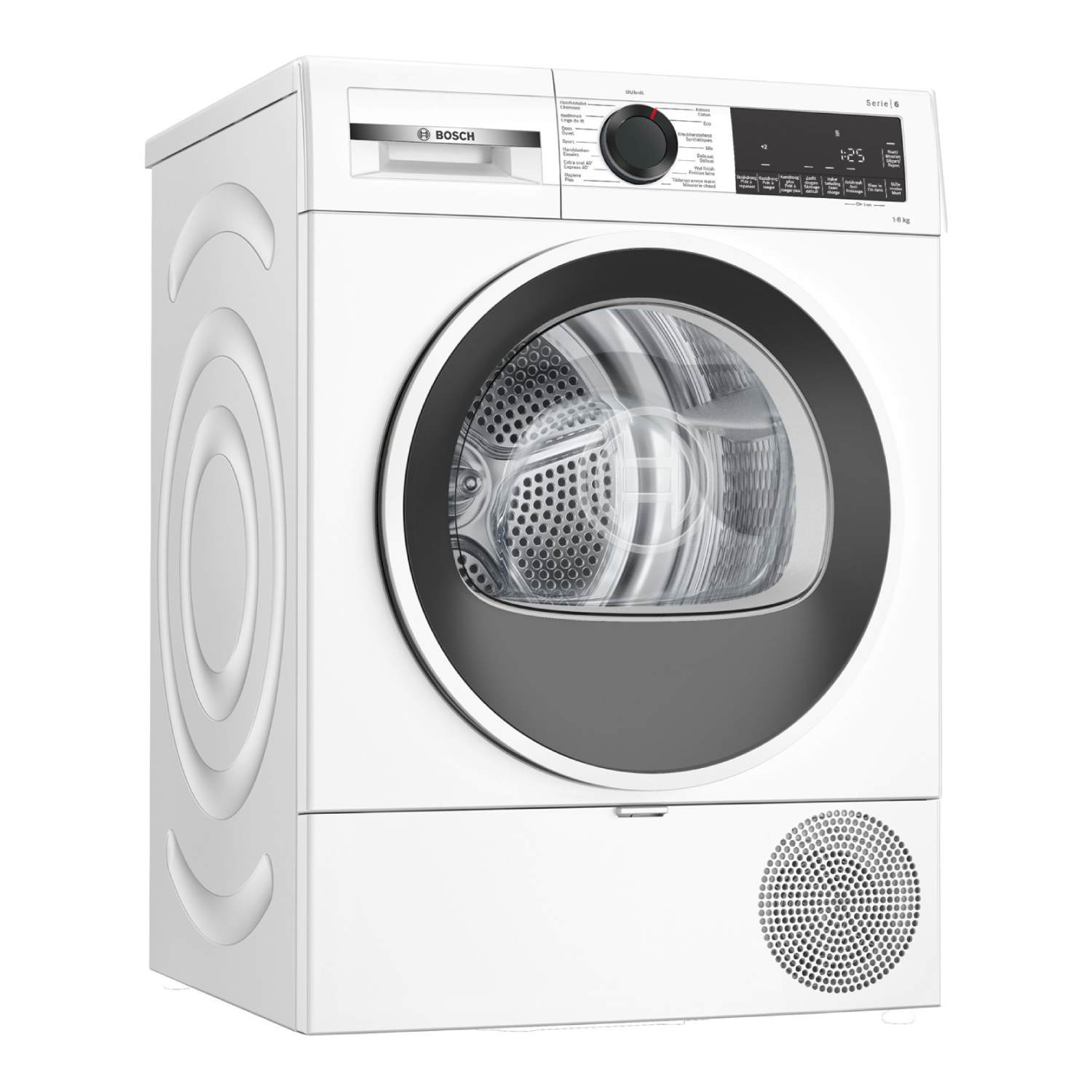 A white Bosch Serie 6 dryer. It has a round door, control panel, and vent. The door has a dark gray frame.
