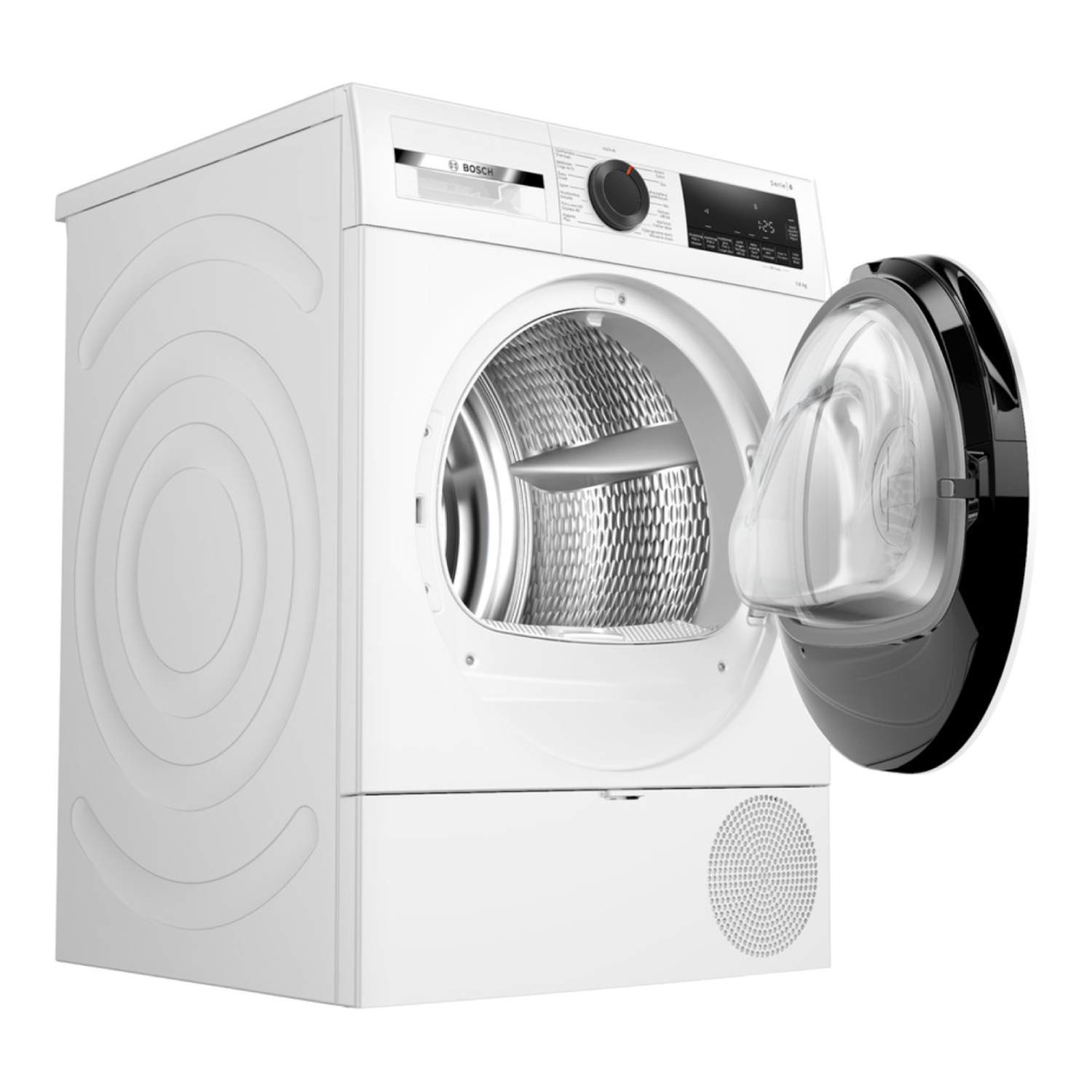A white Bosch dryer with an open door. The interior drum is visible. Controls and a speaker are on the front.