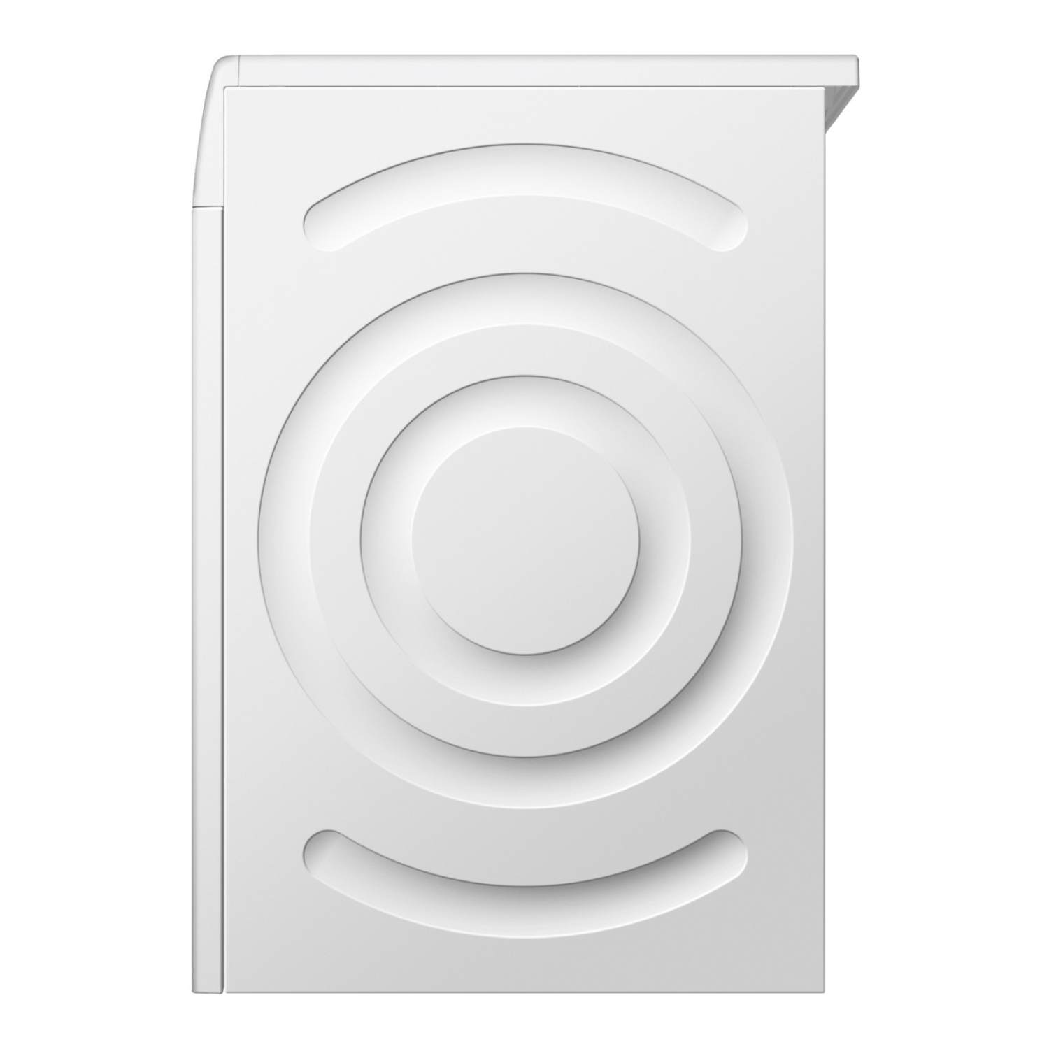 A white washing machine. The front has a circular design with a series of concentric circles and curved lines.