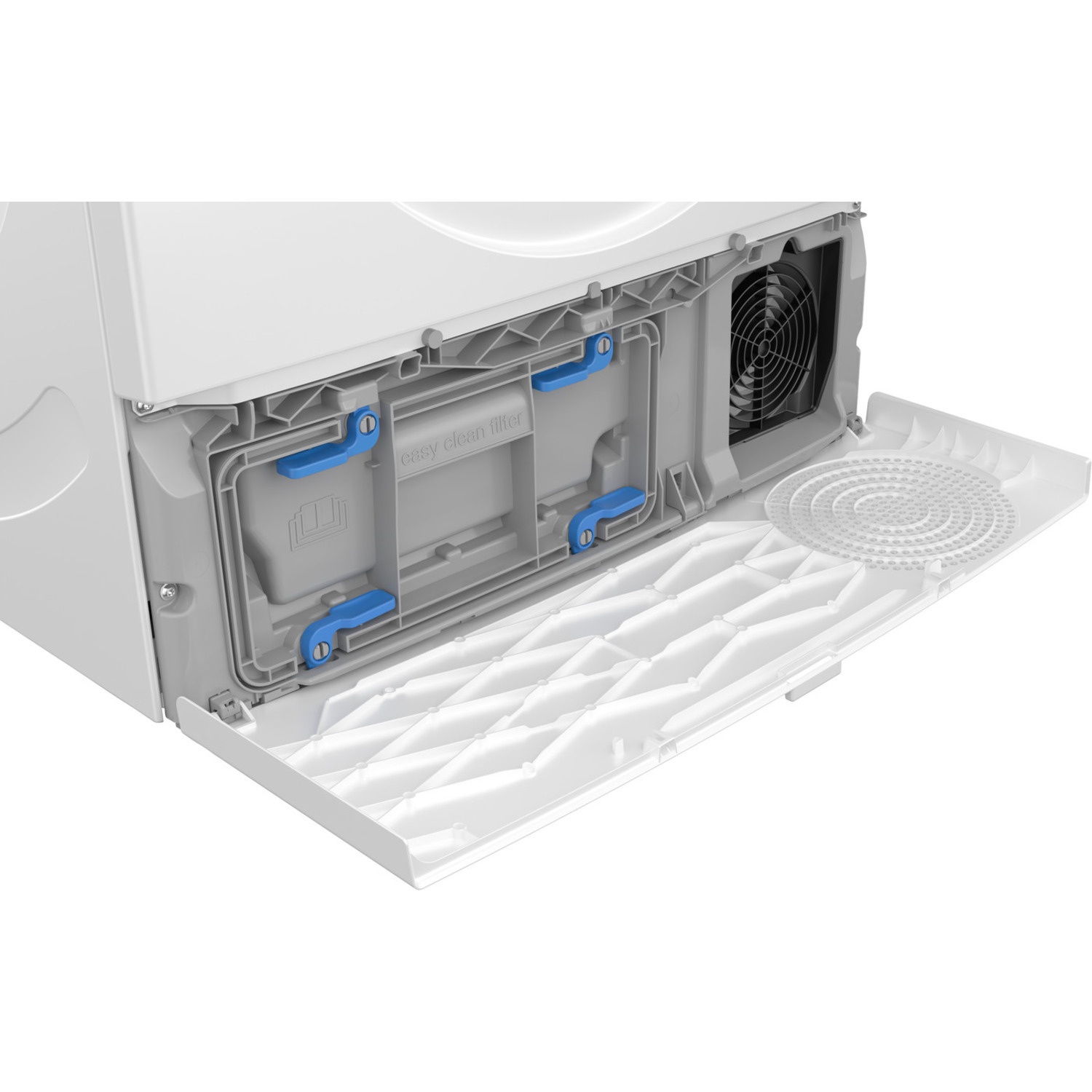 A washing machine component is shown, with a white exterior. The open section reveals a filter, blue latches, and a fan.