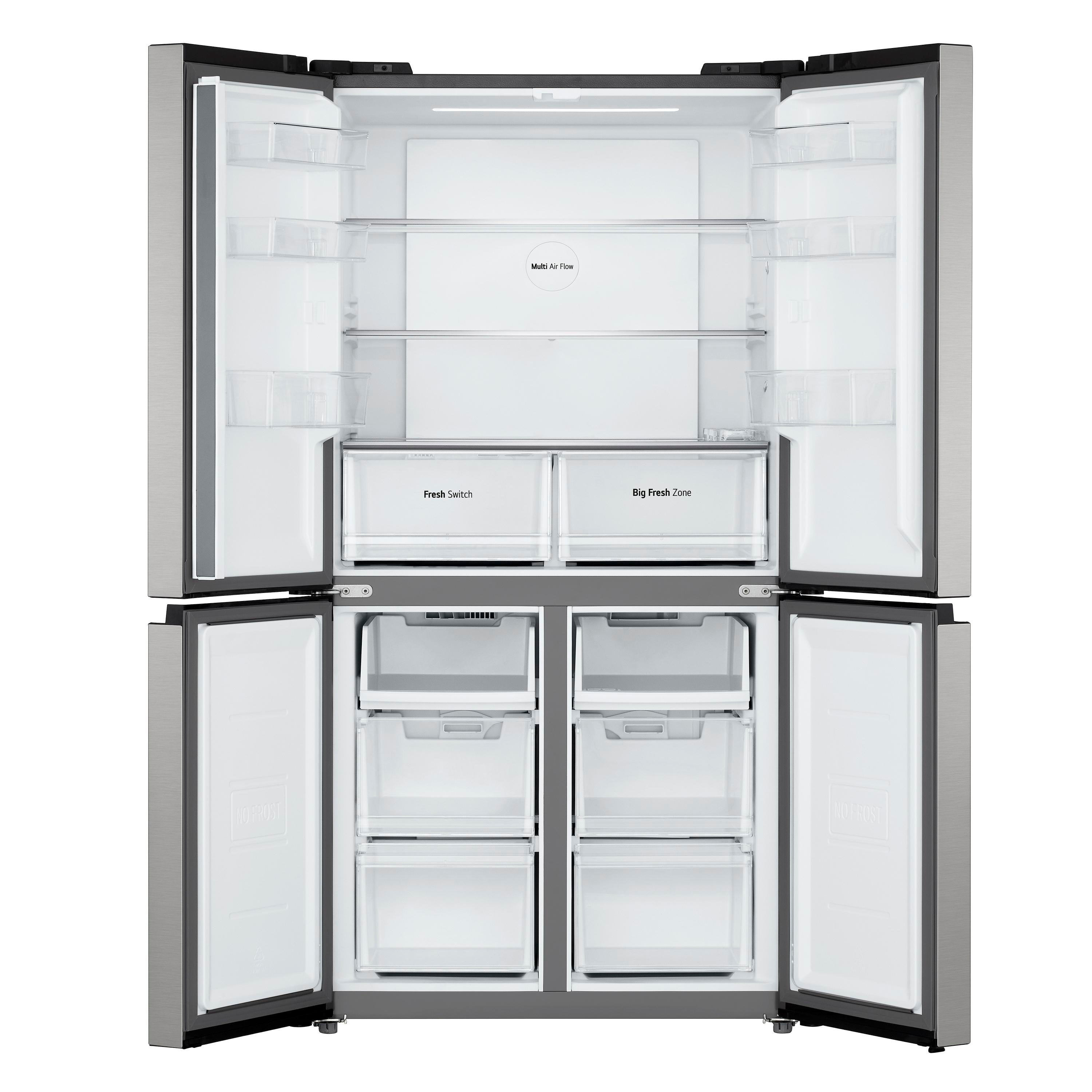 Ein moderner, offener Kühlschrank. Die oberen Türen zeigen Regale und Schubladen. Die unteren Türen zeigen Schubladen.