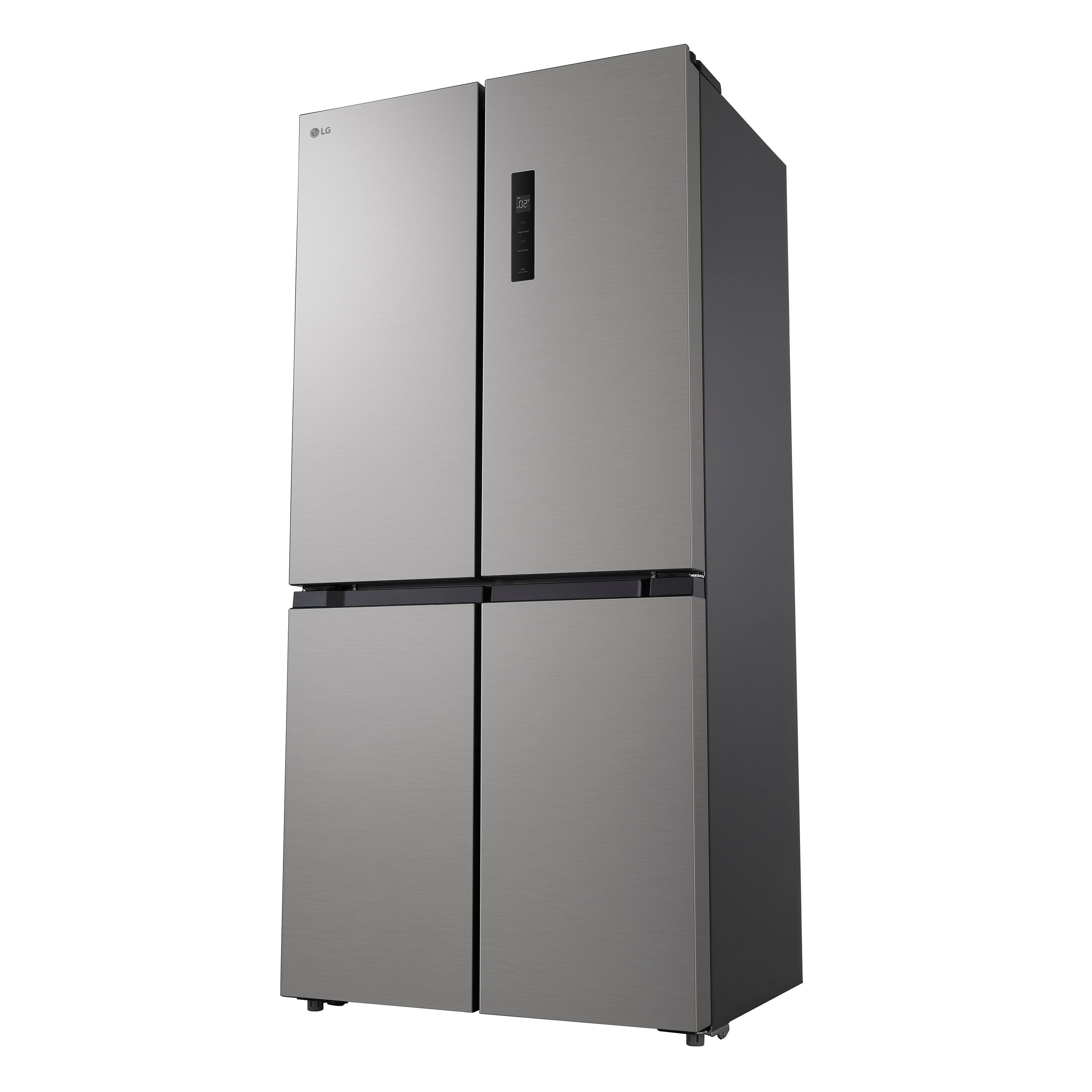 Ein Edelstahl-LG-Kühlschrank mit vier Türen vor weißem Hintergrund. Das LG-Logo ist sichtbar.
