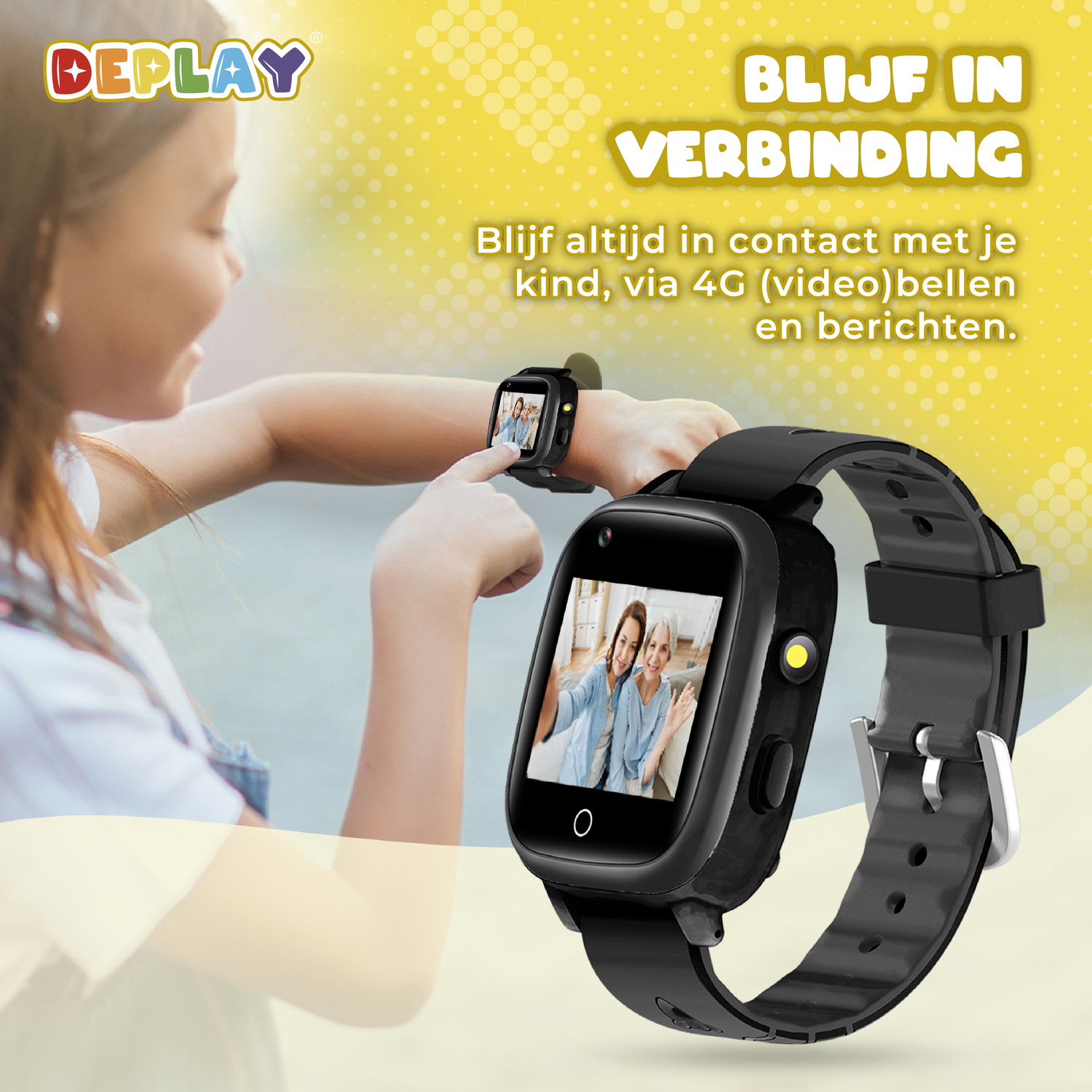 Een persoon draagt een zwarte smartwatch, met een videogesprek op het scherm. Het horloge toont een foto van twee vrouwen.