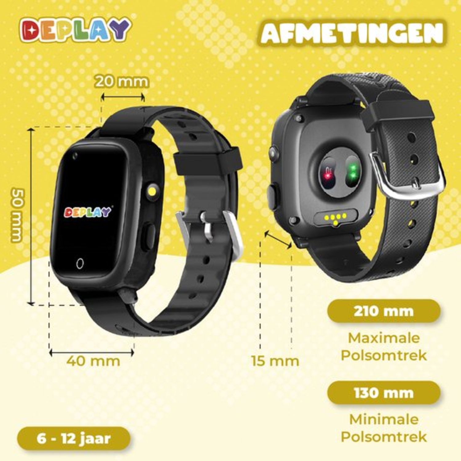 Zwarte smartwatch met afmetingen, merklogo en tekstlabels. Inclusief polsmaatdetails en leeftijdsbereik.