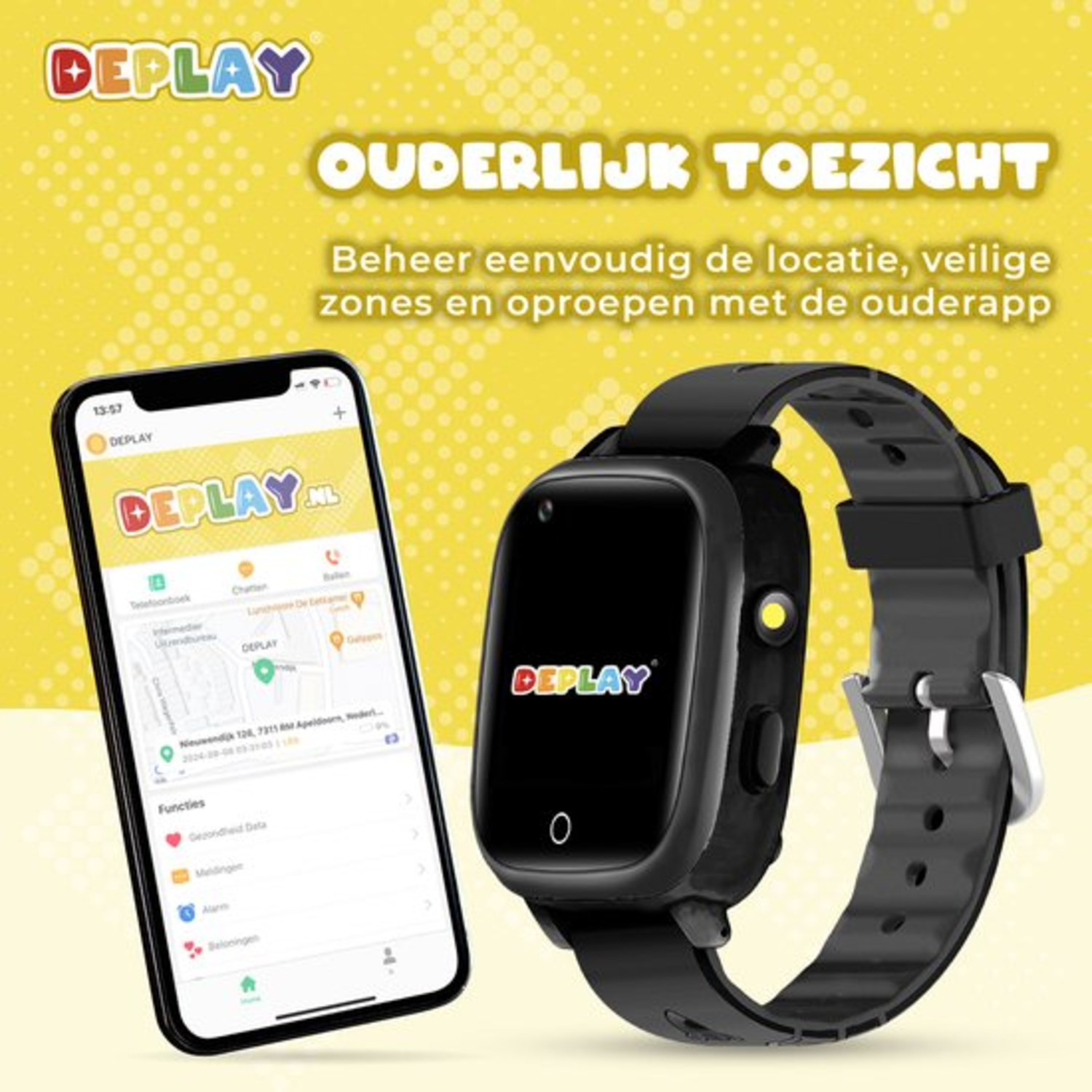 Een smartwatch en een smartphone met het Deplay-logo staan op een gele achtergrond. De tekst luidt 'Ouderlijk toezicht'.