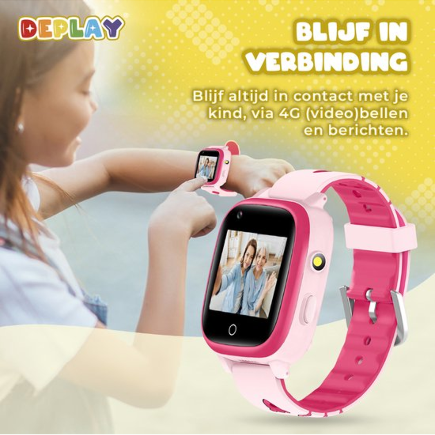 A girl using a pink smartwatch, showing a video call. The watch features a screen displaying two women. Text says 'Stay connected'.