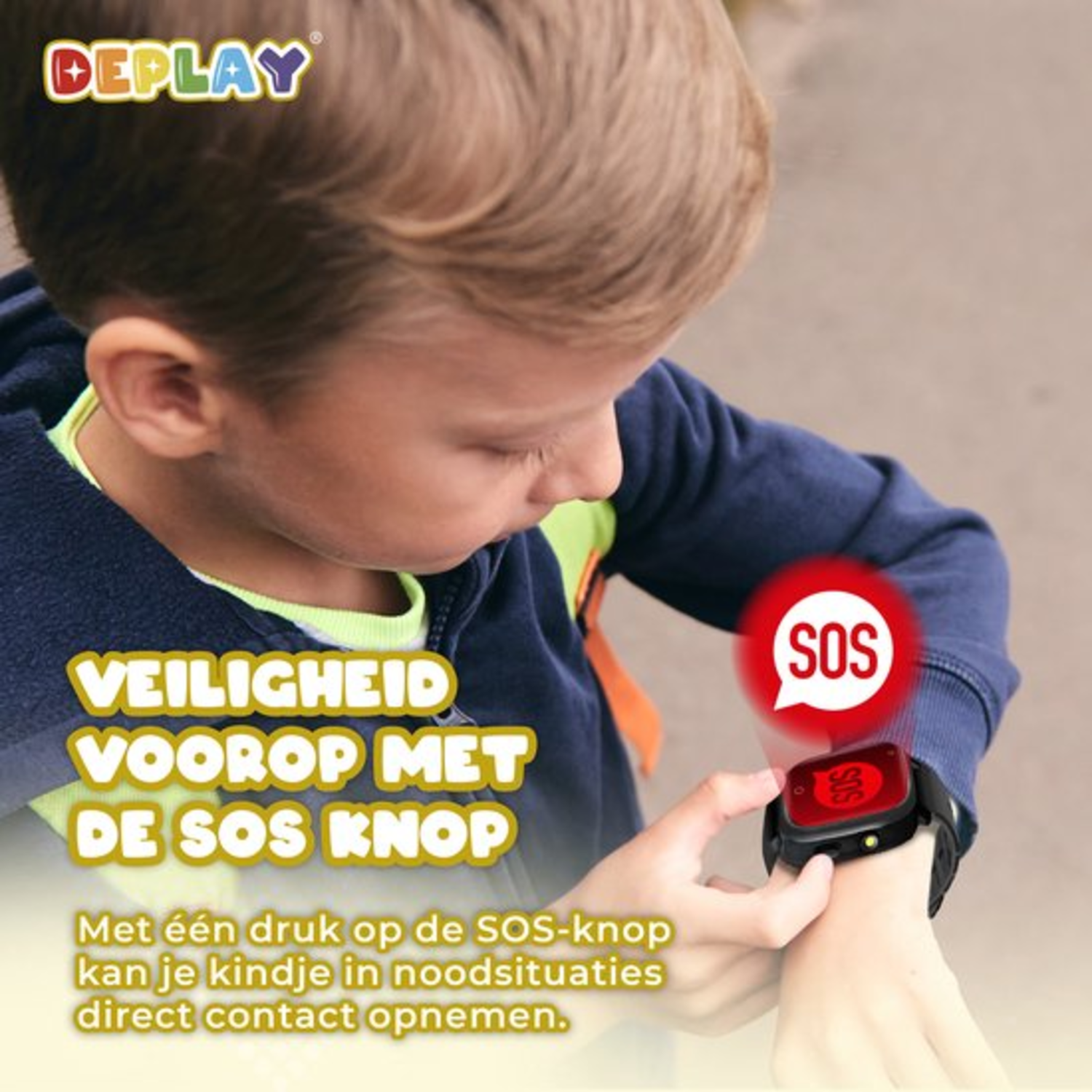 A child wearing a smartwatch with an SOS button. Text reads 'Safety first with the SOS button'. A red SOS icon is visible.