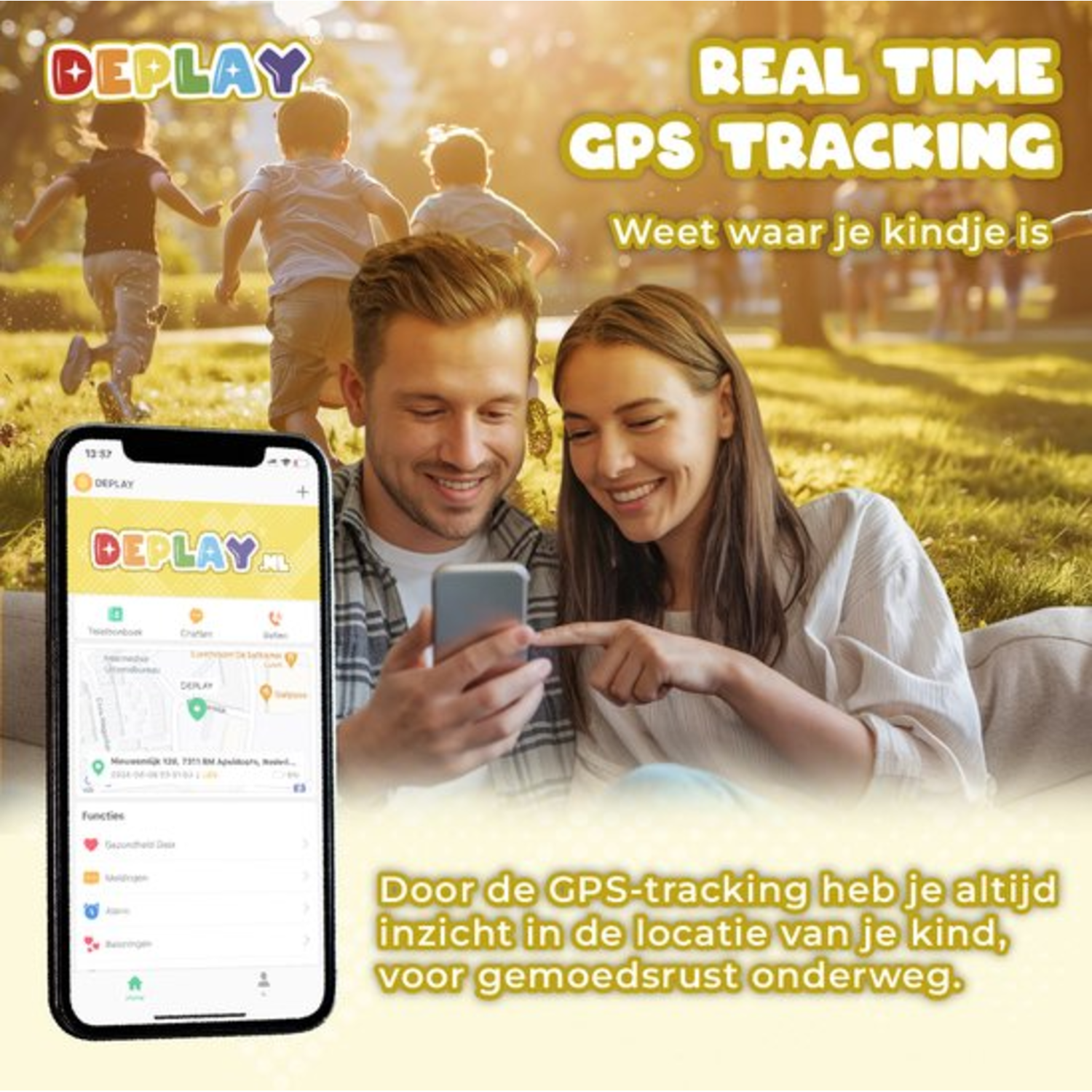 A couple looks at a phone showing a tracking app. Children run in the background. Text says "Real Time GPS Tracking".