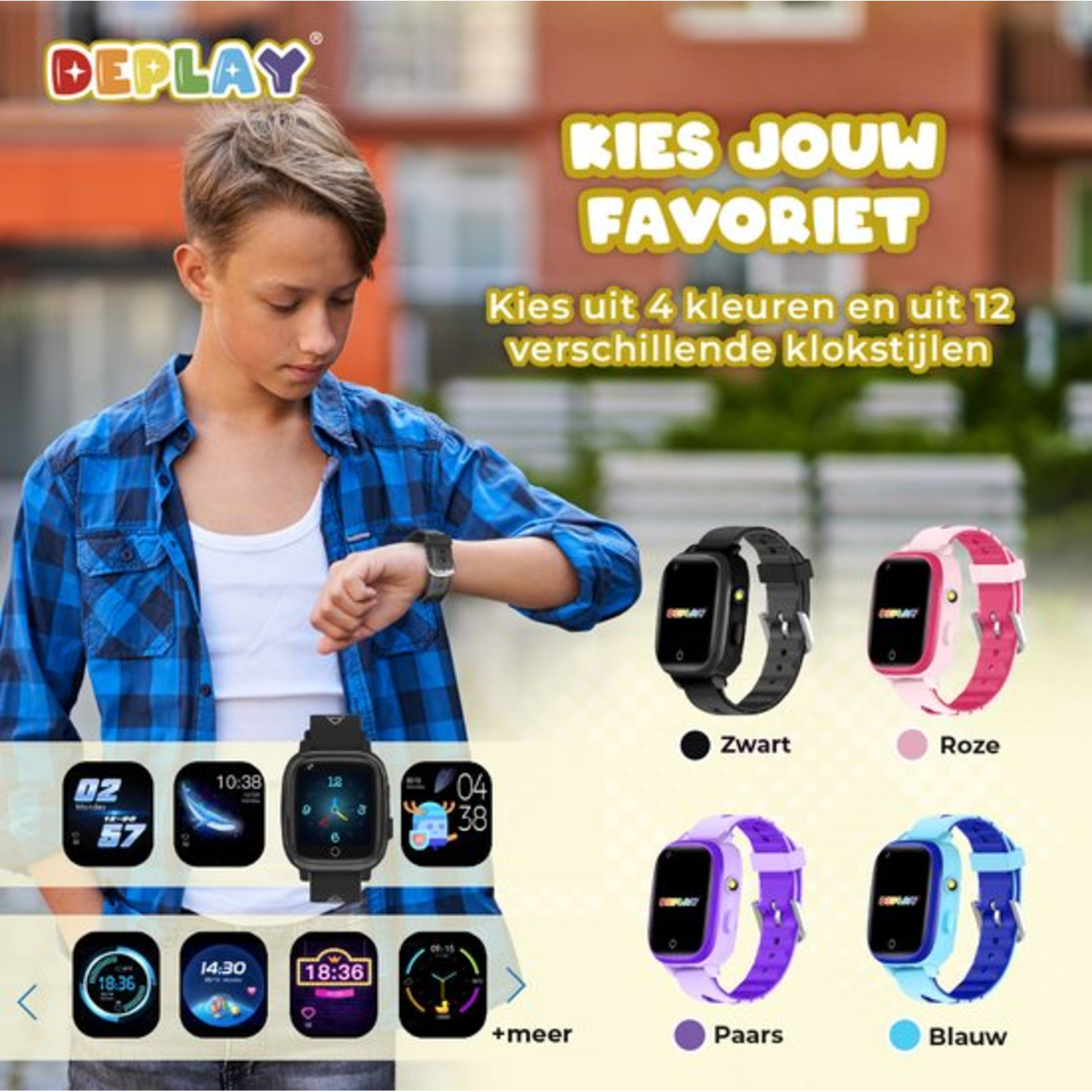 A boy looking at a smartwatch. The image shows different watch styles and colors: black, pink, purple, and blue.