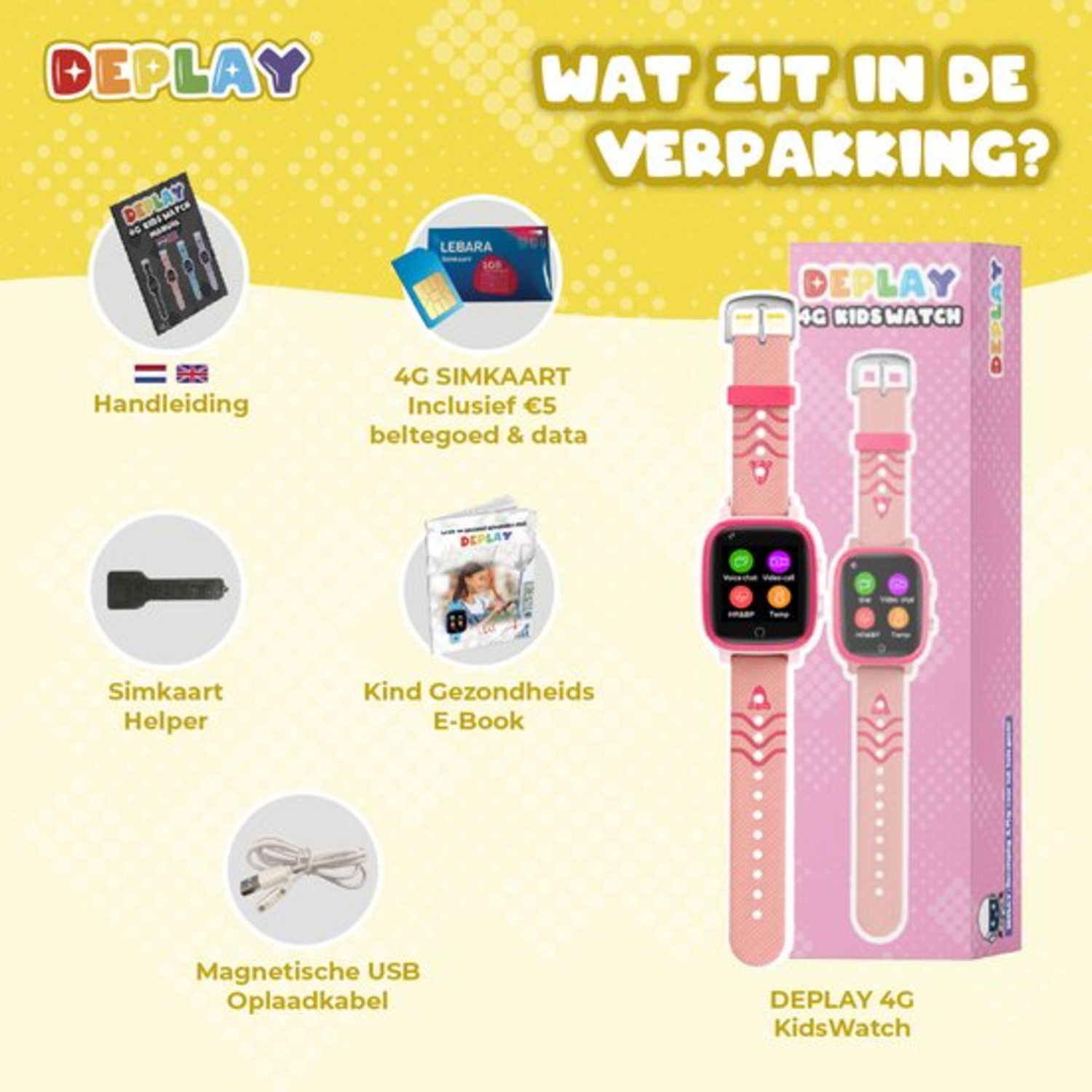 Image shows a Deplay 4G Kids Watch package contents: watch, SIM card, charger, manual, and e-book. Pink and white colors dominate.