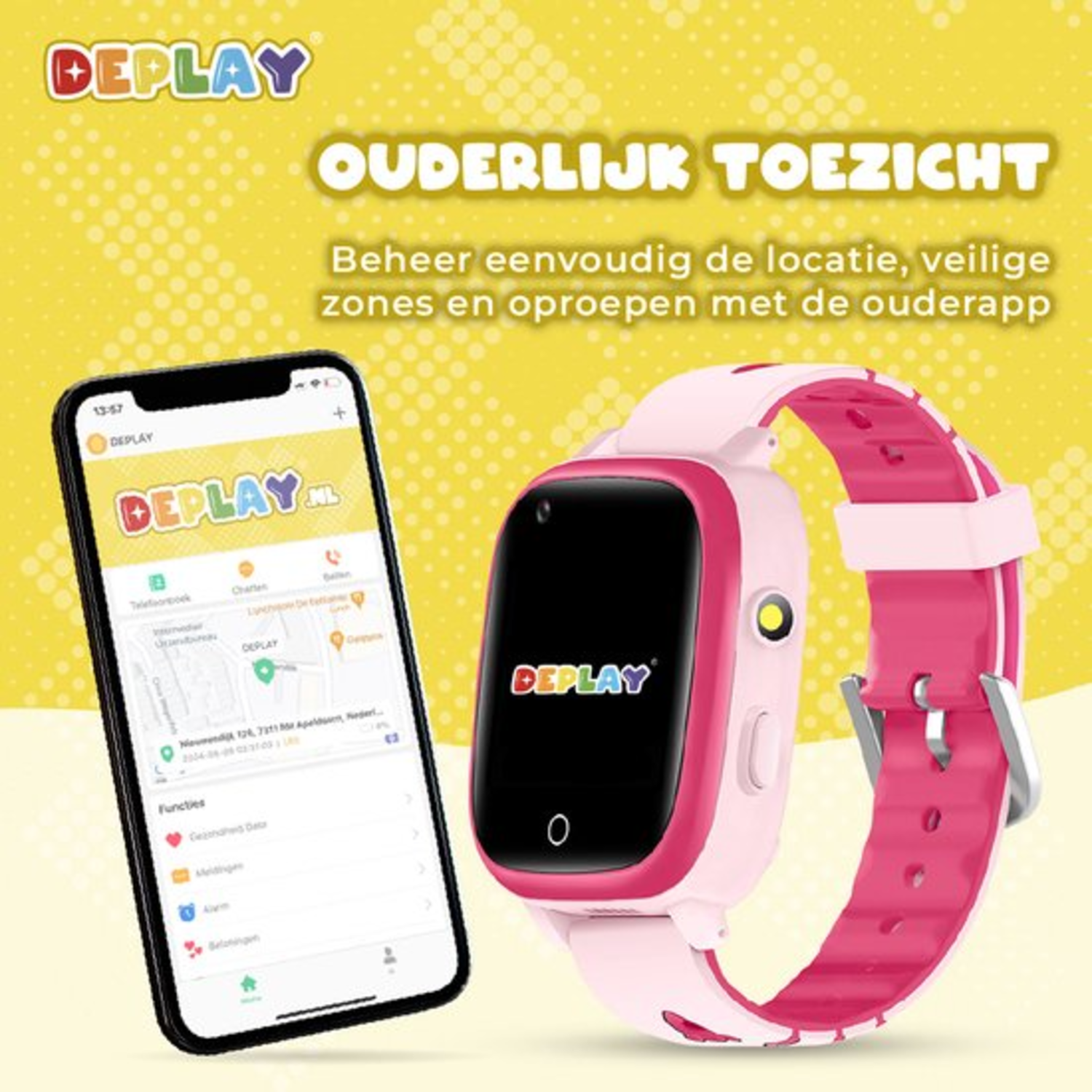 A pink and white smartwatch and a smartphone with an app interface on a yellow background with text.