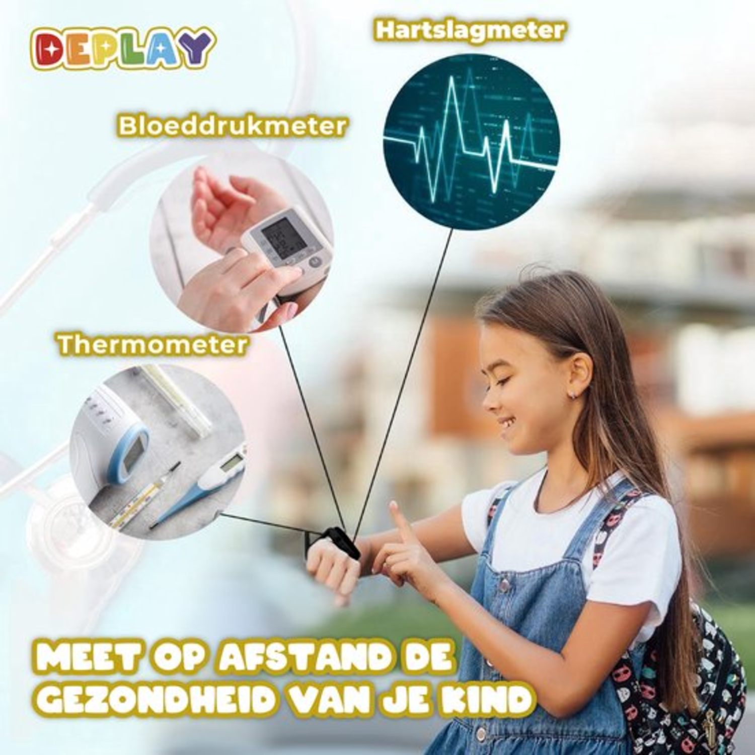A girl points to a device on her wrist. The image shows blood pressure, heart rate, and thermometer readings. Text says, measure your child's health remotely.
