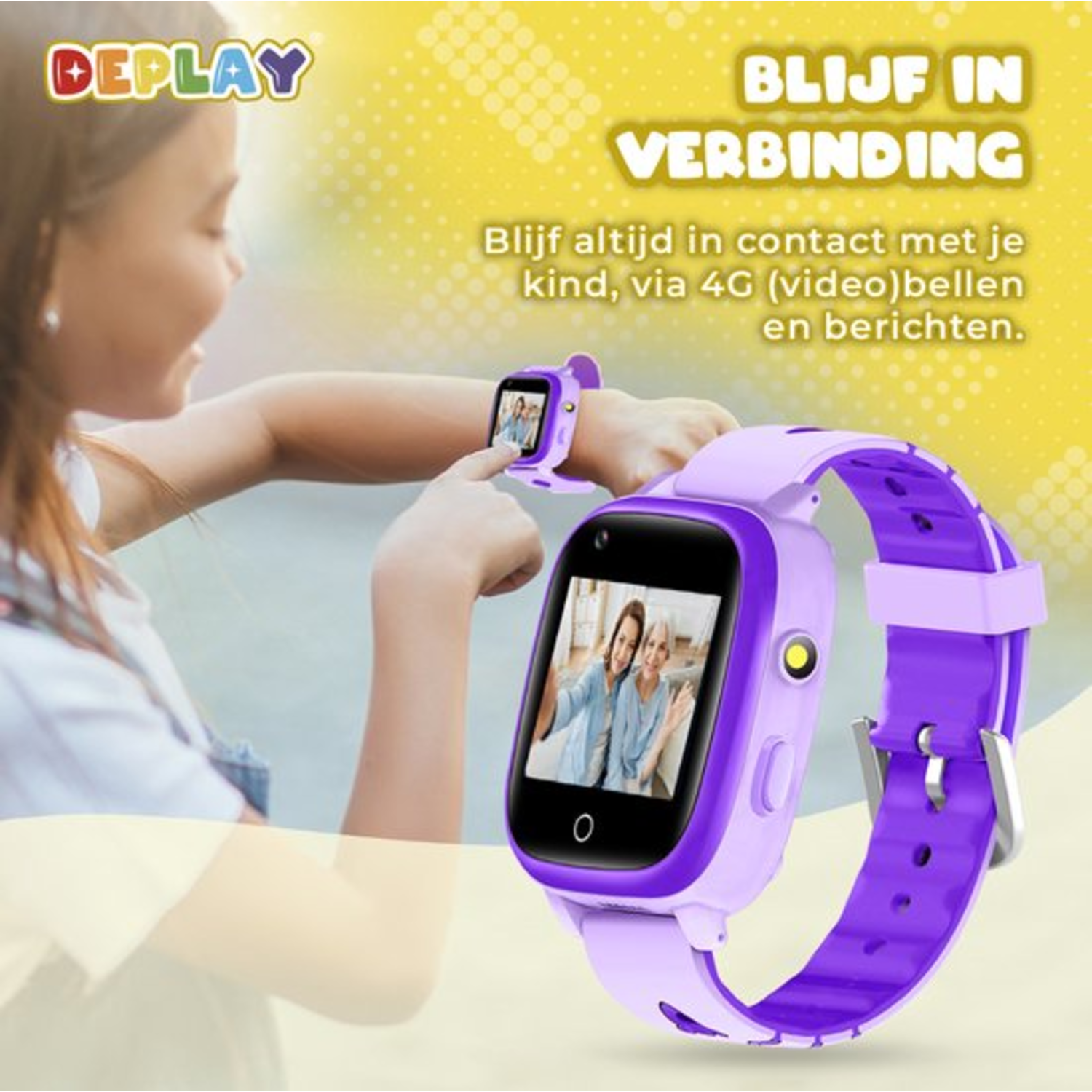 Een meisje gebruikt een paarse smartwatch om te video-bellen met twee vrouwen. Tekst: 'Blijf verbonden' en 'Blijf in contact met je kind'.
