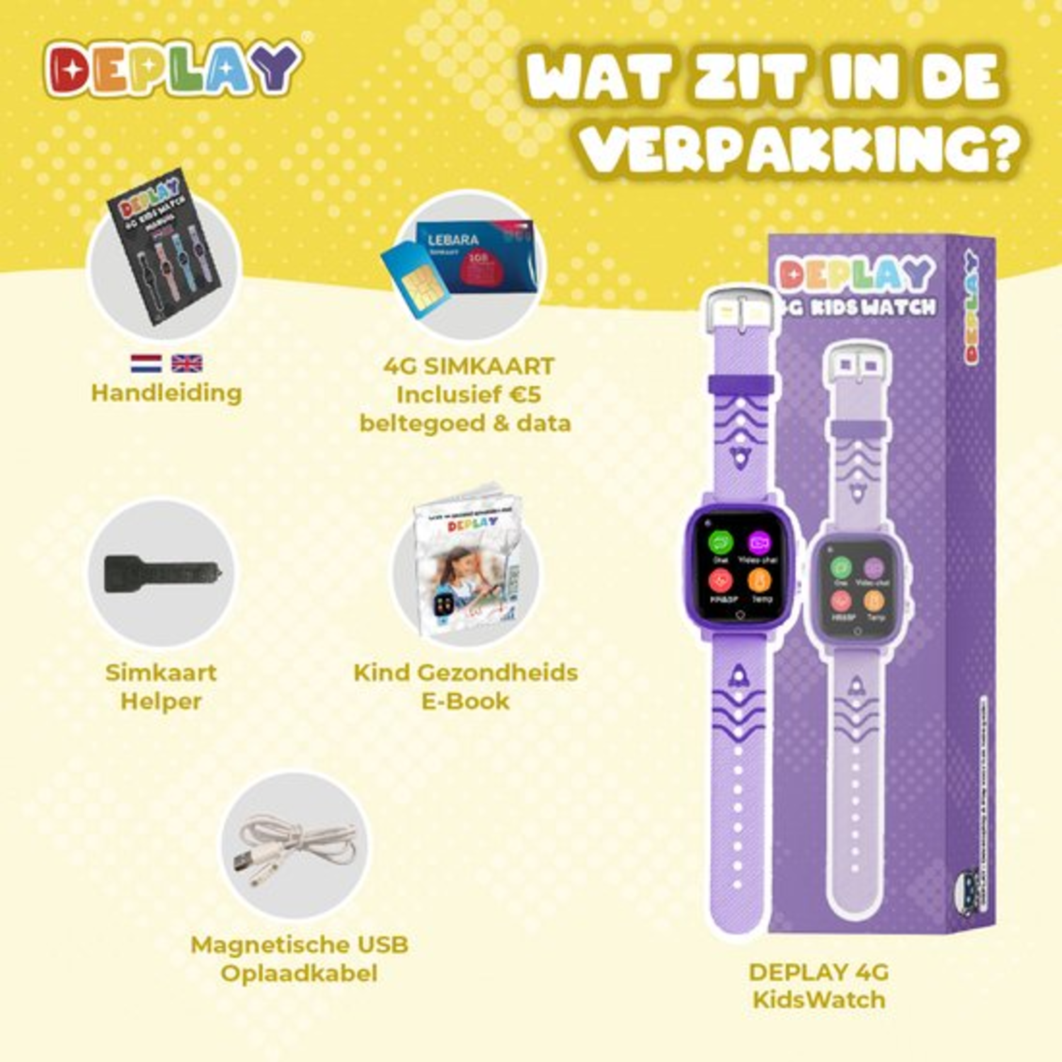 Een promotieafbeelding voor een smartwatch voor kinderen, met items zoals een simkaart, oplader en e-book.