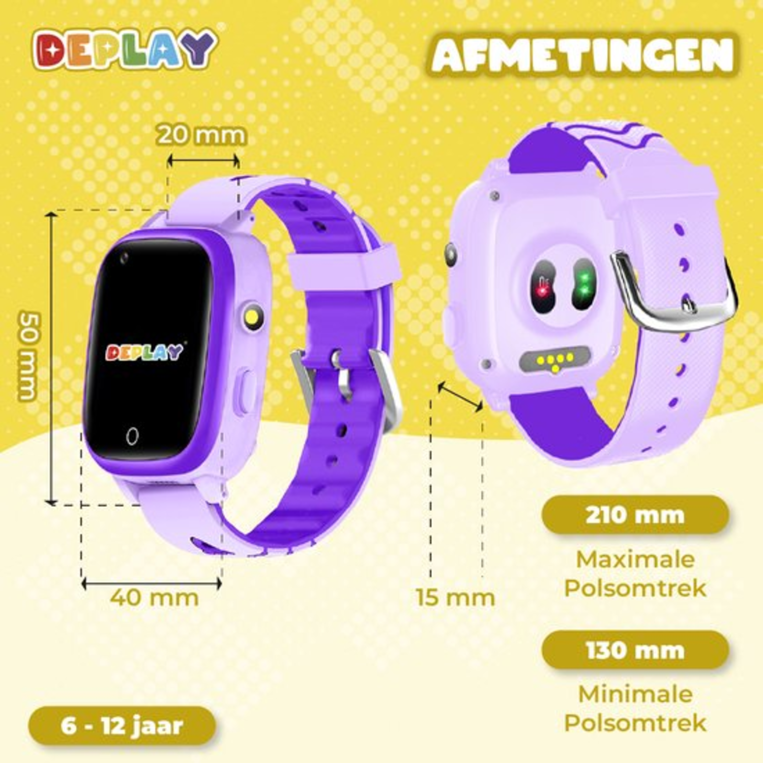Twee paarse kinder-smartwatches worden getoond, met afmetingen. Het horloge links is van voren en het horloge rechts toont de achterkant.