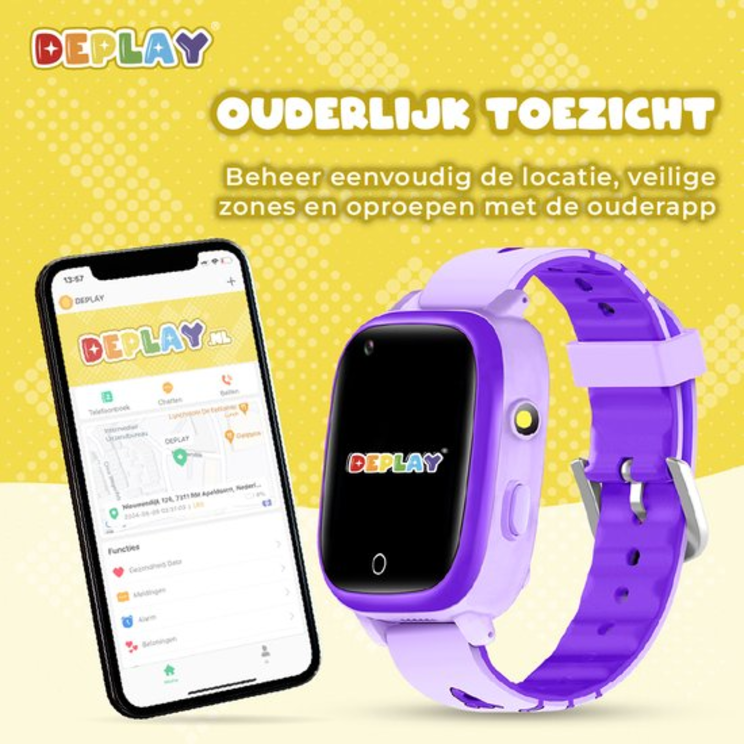 Een smartwatch en telefoon tonen ouderlijk toezicht functies. Het horloge is paars. De telefoon toont een kaart, beide met het DEPLAY logo.