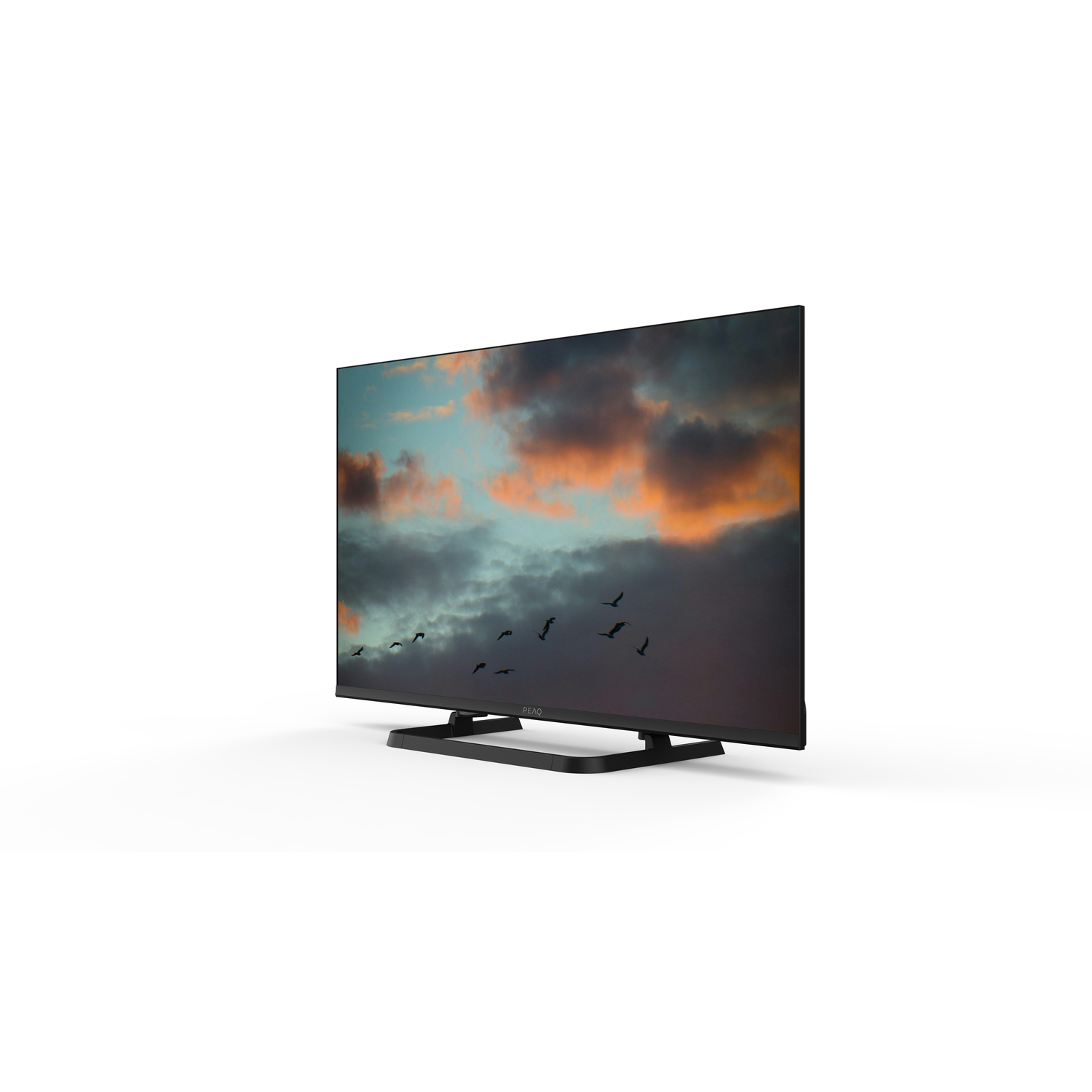 A flat-screen TV displays a sky scene with flying birds. The TV is black, and the background is white.