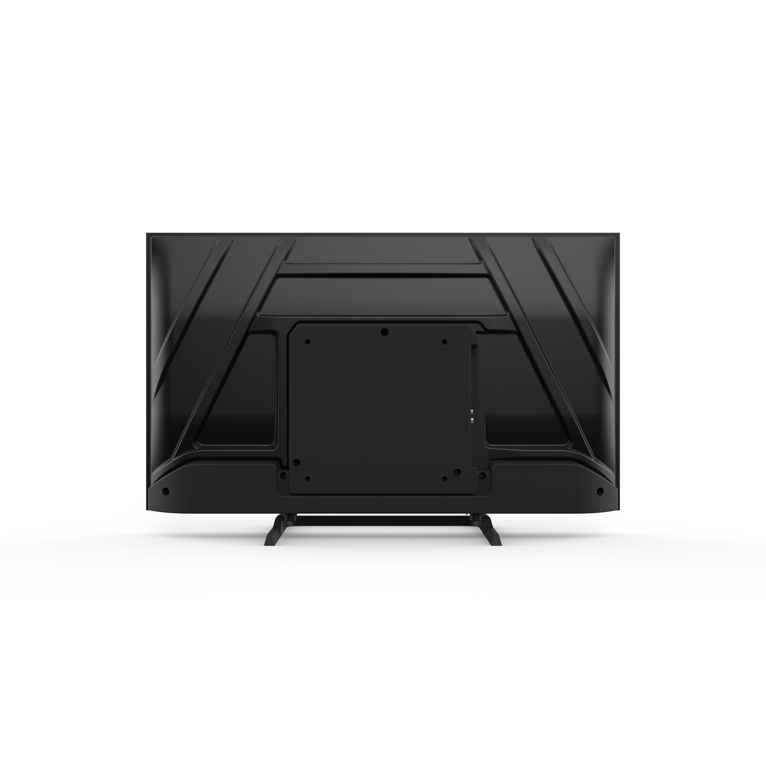 A black television's back view. It's on a white background. The TV has a stand. Details include ports and vents.