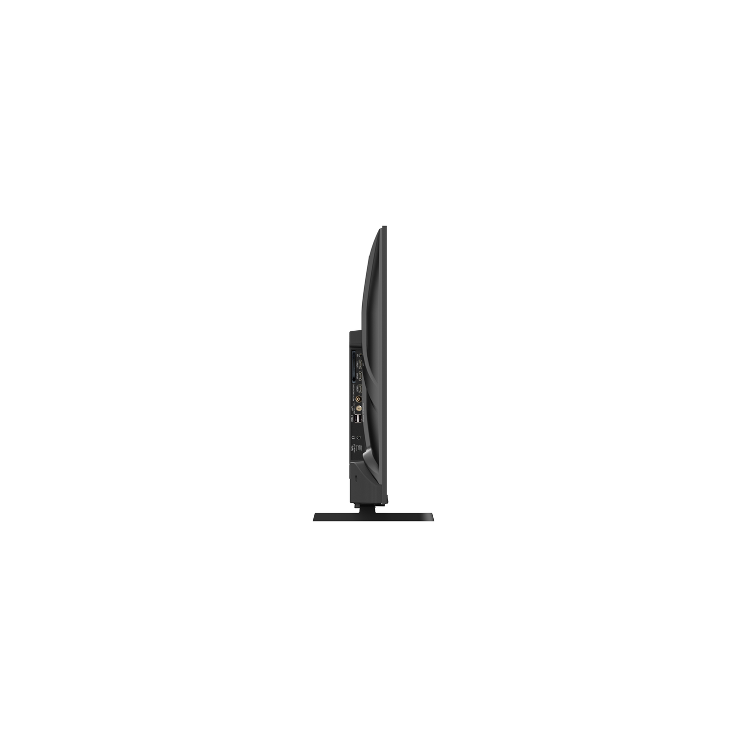A side view of a black flat-screen TV with a stand on a white background. The TV is turned off.
