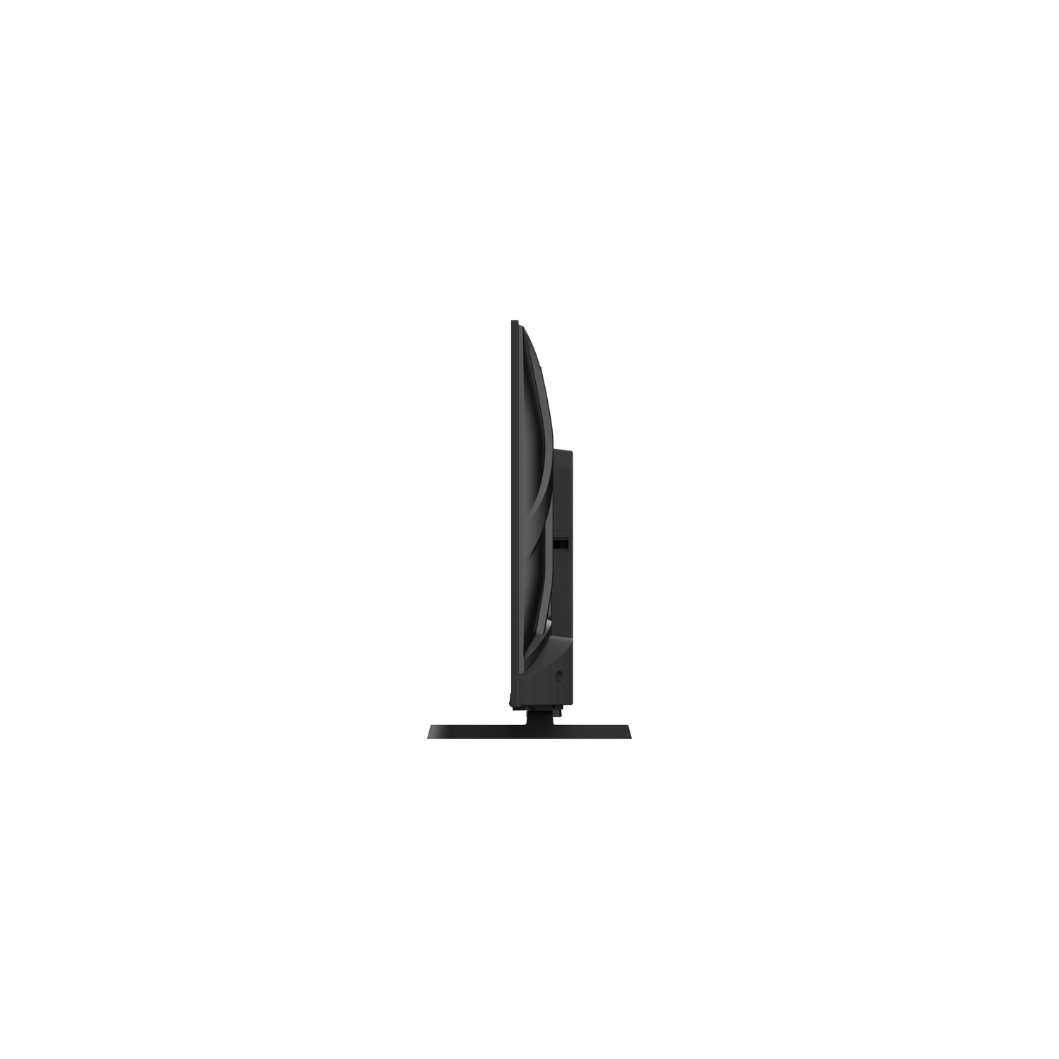 Side view of a black flat-screen TV on a white background. The TV is standing upright on a black stand.